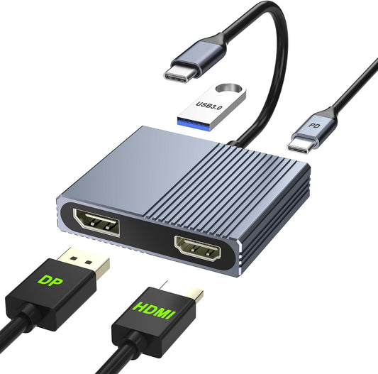 USB C to HDMI and DisplayPort Adapter, 4K @60Hz Dual Monitor Adapter for Dell/HP/Mac Laptops, USB Type C to Display Port and HDMI Multiport with USB3.0/PD, USB C Hub, Docking Station Dual Monitor