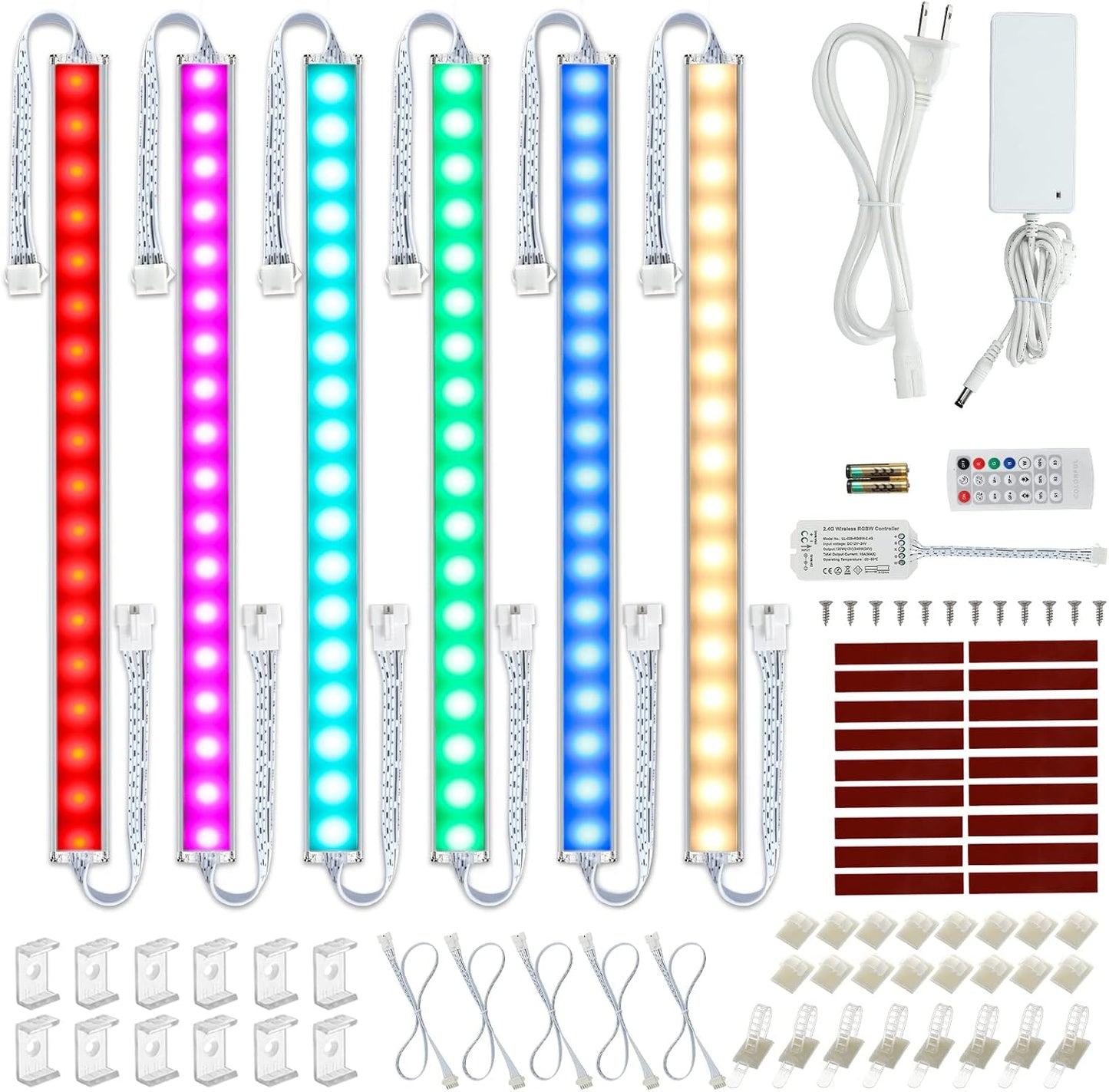 Under Cabinet LED Lighting Kit. RGB Color & Bright Warm White Light. | Slim Linkable LED Light Bars with Power Adapter, Controller, Extension Cords. Max 24W. Dimmable. Plug in. RGB + 3000K.