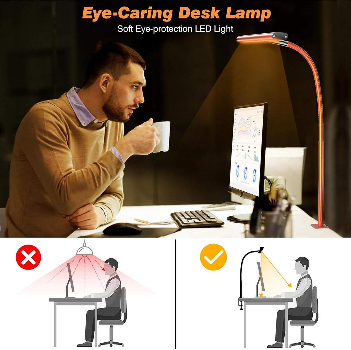 Airlonv LED Desk Lamp with Clamp, 17" Stepless Dimming Light, Orange