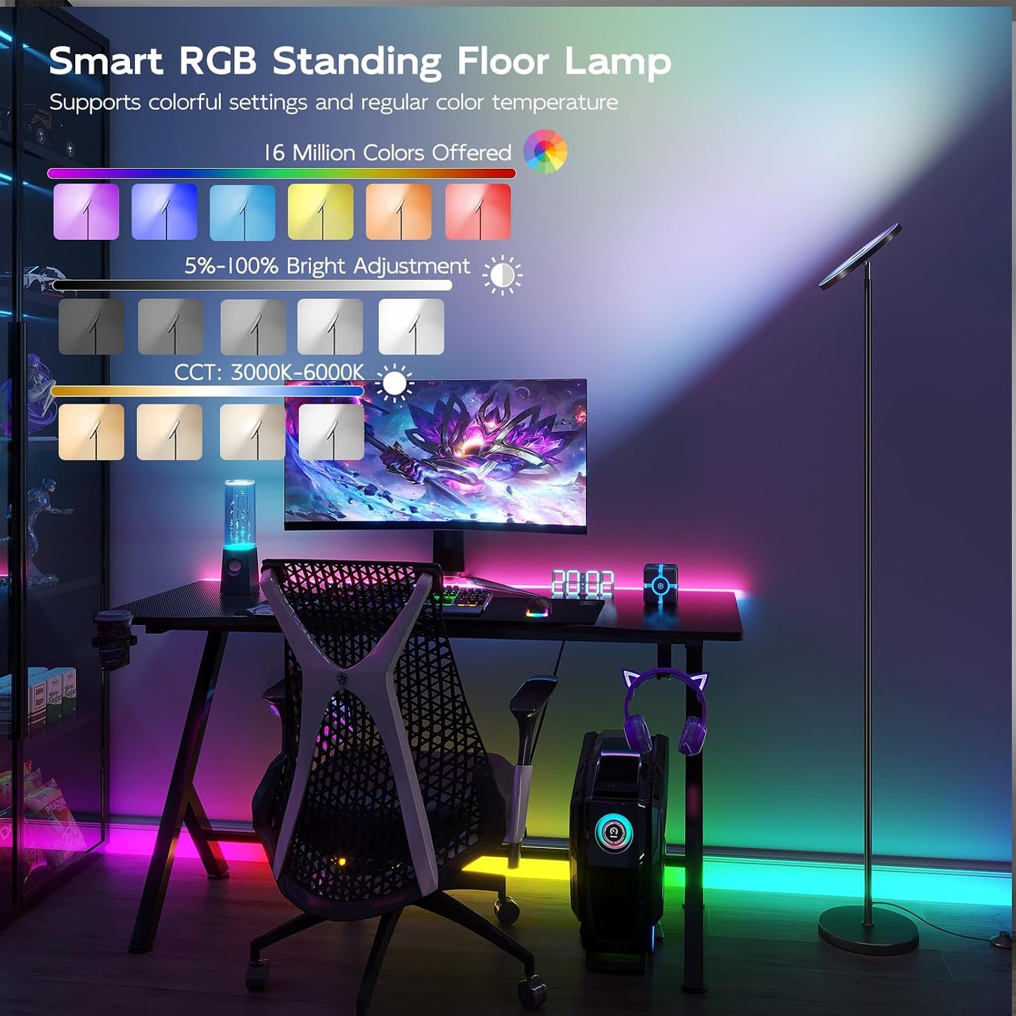 SUNMORY RGB Floor Lamps for Living Room, LED Lamp with APP Remote Control | 32W Bright LED Lights, Tall Standing Lamp with Stepless Dimmable, Modern Torchiere Corner Lamp for Bedroom, Gaming Room
