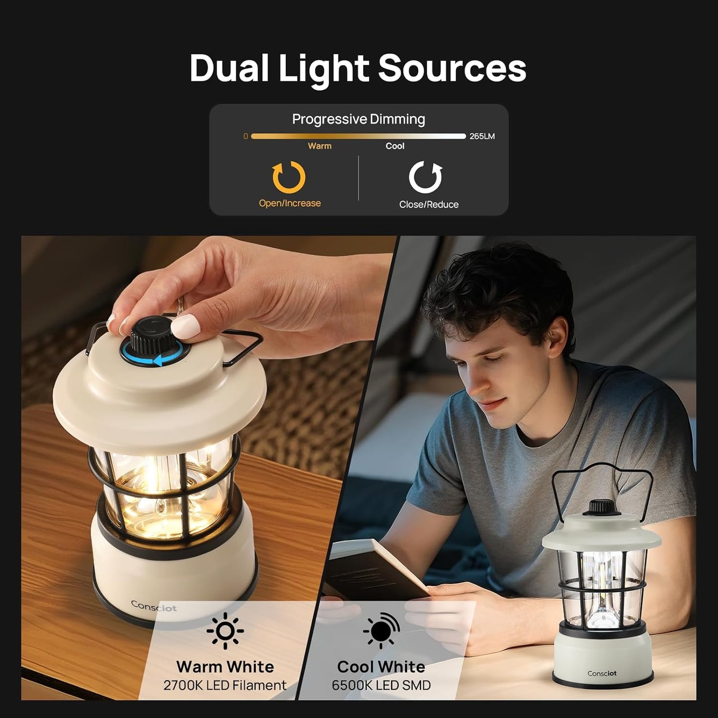 Consciot CL1 Mini Dual Light Sources LED Lantern, Battery Powered Lamp | Retro Style, Dimmable Warm White and Daylight Modes, Up to 200H Run Time, Portable Atmosphere Lights for Indoor & Outdoor Use