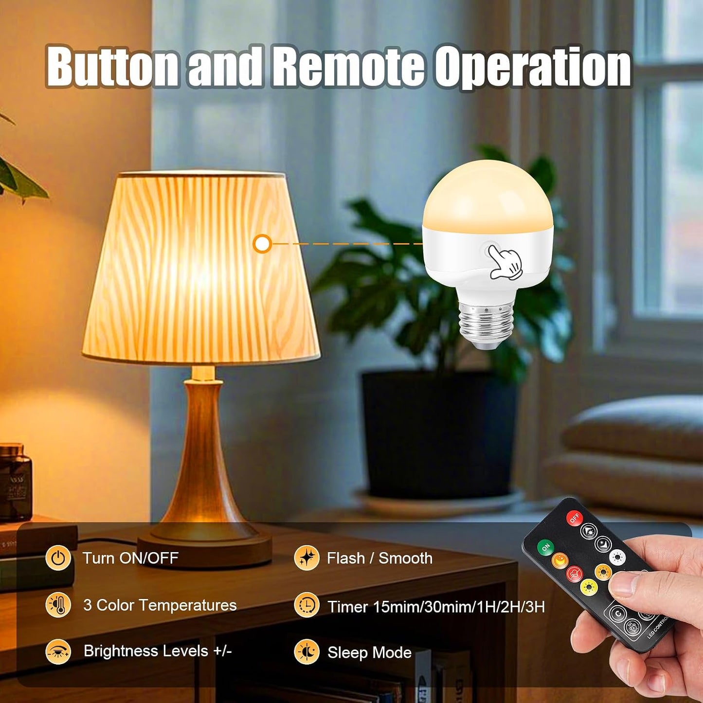 E26 Rechargeable Light Bulbs,Magnetic LED Portable Bulb with Remote and Timer, Battery Operated and Dimmable 3 Color Temperatures Backup Bulb for Sconces and Bedside Lamps Non-Hardwired Fixture,2 Pack