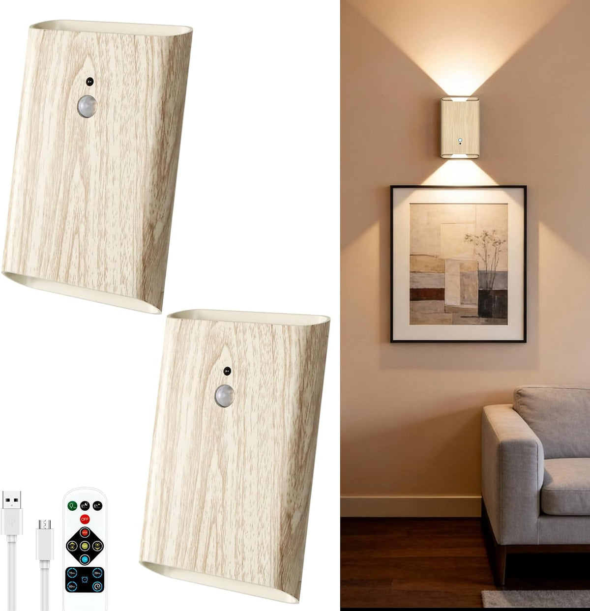 Eneru Motion Sensor Wall Sconce, Rechargeable Wireless Lights Indoor 2 Pack