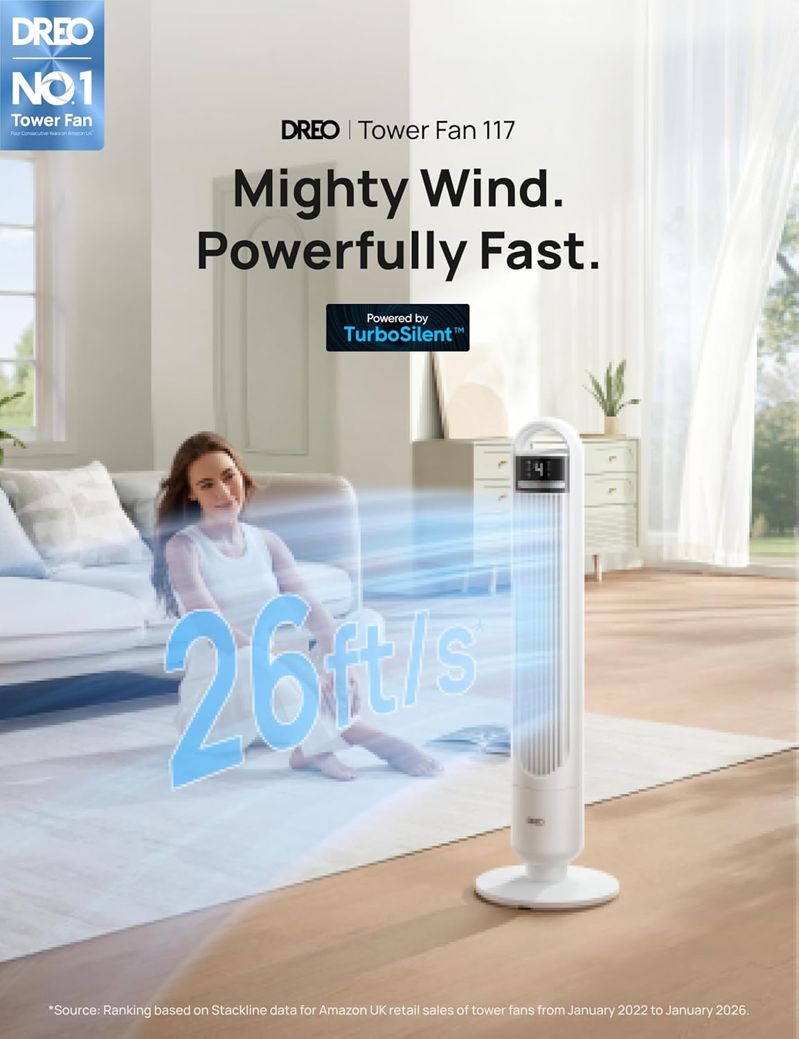 DREO Tower Fan for Bedroom, 26ft/s Velocity, 90° Oscillating, 8H Timer | 4 Speeds, 3 Modes, 28dB Quiet Standing Fan, Floor Fan for Room, Living Room, Office, Home, Cooling Fan with Remote, White