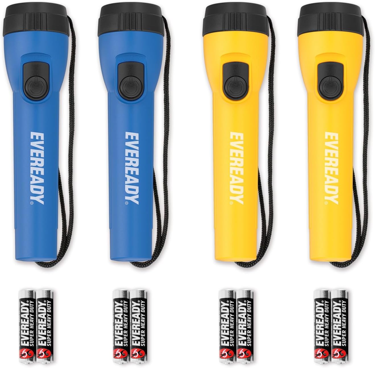 EVEREADY LED Flashlights (4-Pack), Bright Flashlights for Emergencies and Camping Gear, Flash Light with AA Batteries Included, Blue/Yellow (4-Pack)