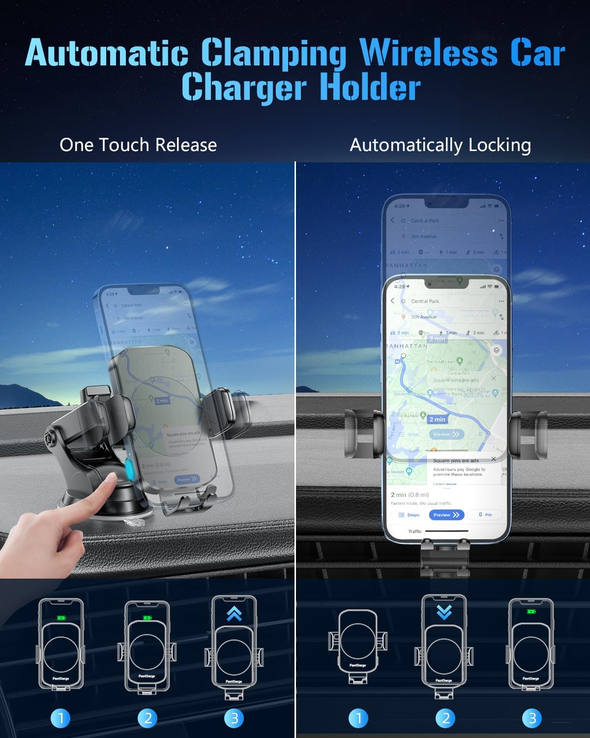 3-in-1 Wireless Car Charger Mount, 15W Fast Charging Auto-Clamping Phone Holder for iPhone 17 16 15 14, Samsung Galaxy S24 S23, Dashboard, Vent & Windshield Car Mount(Black)