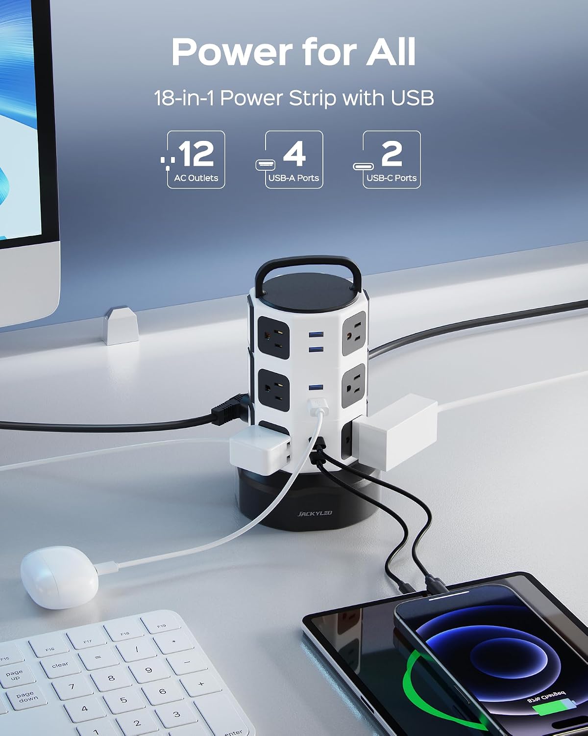JACKYLED Power Strip Tower Surge Protector, 12 AC 6 USB (2 USB C), 1050J | Retractable Extension Cord with Multiple Outlets, 1625W/13A Outlet Extender, USB Charging Station for Home Office Dorm