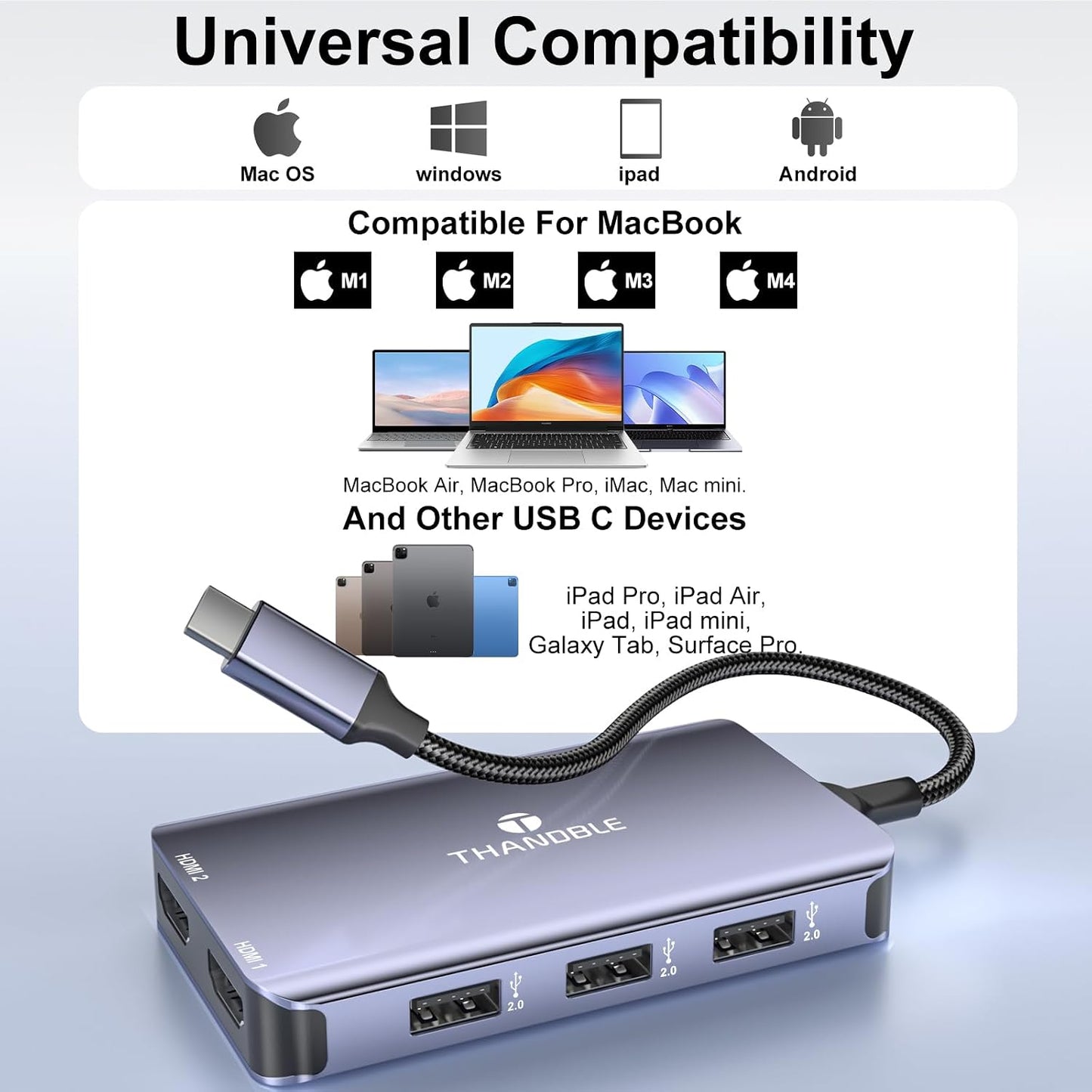 4K@60Hz USB C to Dual HDMI Adapter, 6 in 1 Docking Station Dual Monitor, 3*USB-A Data Ports, 100W PD, HDMI Splitter Extended Display Laptop USB C Hub for MacBook Neo/Air/Pro, HP, Dell and More