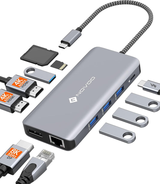 USB C Docking Station, NOVOO Triple Display Type C Hub Dual Monitor HDMI 4K@60Hz DP Multiport Adapter 4USB Ethernet SD/TF 100W PD Dongle Data for Dell/Surface/HP/Lenovo Thinkpad Laptop
