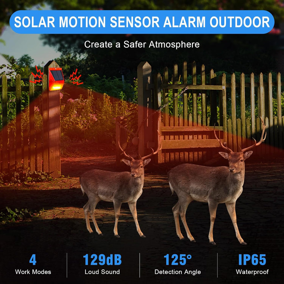 ChunHee Solar Motion Sensor Alarm Outdoor Motion Detector 129db Loud Sound Security Siren IP65 Waterproof Protected for Garden,Farm,Yard,Chicken coop,4 Pack