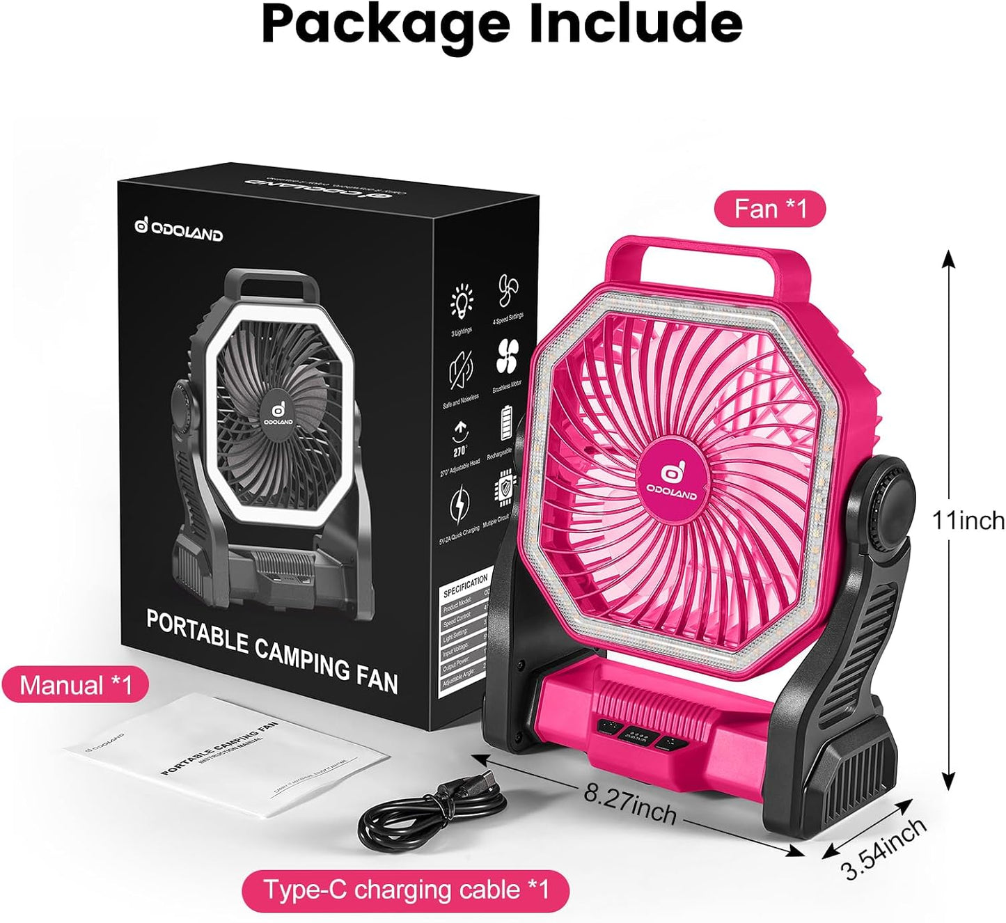 Odoland Portable Rechargeable Fan, 20000mAh Camping Fan with LED Lantern | 4-Speed Airflow & 3-Color Light Oscillating Fan with Hanging Hook for Tent Car Beach Hurricane Power Outage, Pink