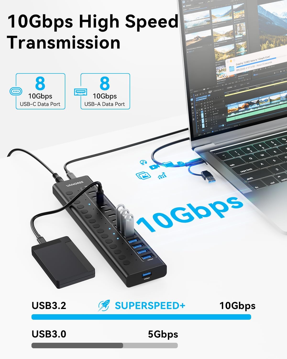VANGREE Powered USB Hub,16 Ports 10Gbps USB C Hub, 8*USB-A 3.2+8*USB-C 3.2