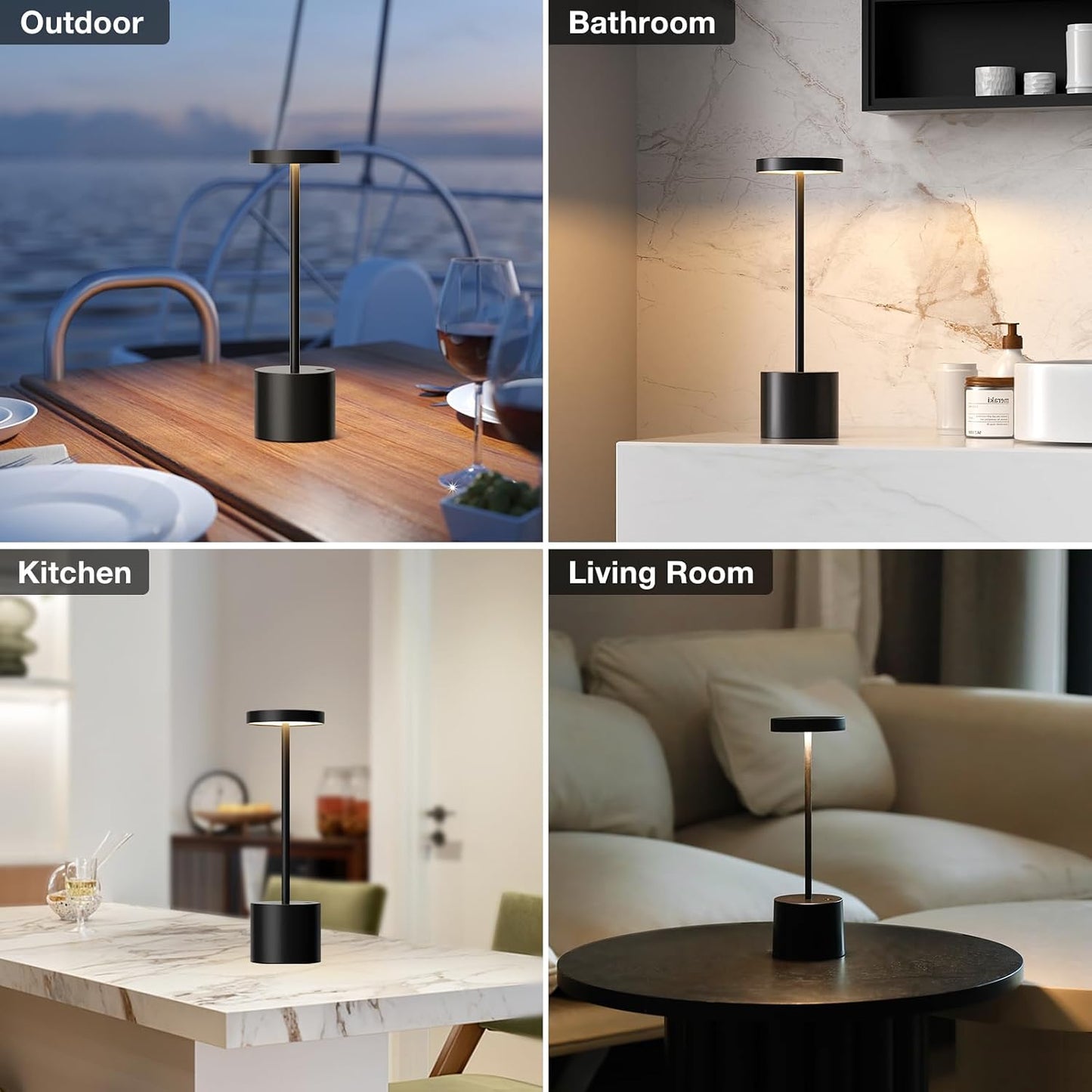 Rechargeable Cordless Table Lamp, 4000mAh Battery Operated, Black, 2 Pack | Wireless LED Lamp, 3 Color Modes, Stepless Dimming, for Dining Room, Bedroom, Bar, Cafe, Restaurant, Outdoor Patio, Camping