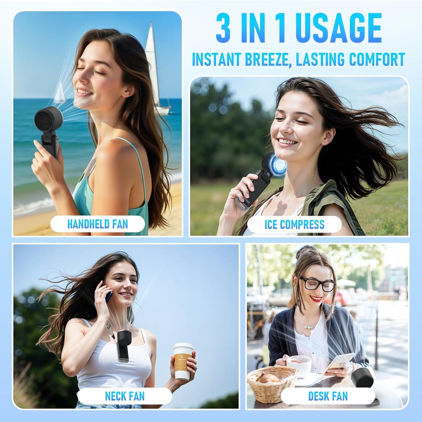PlayHot Portable Handheld Cooling Fan, Travel Essentials, Gifts for Women | Instant Cooling, 10m/s Airflow, 5-Speed, 10H Max, USB-C Rechargeable, LED Display, 3-in-1 Foldable for Cruise, Beach Vacation