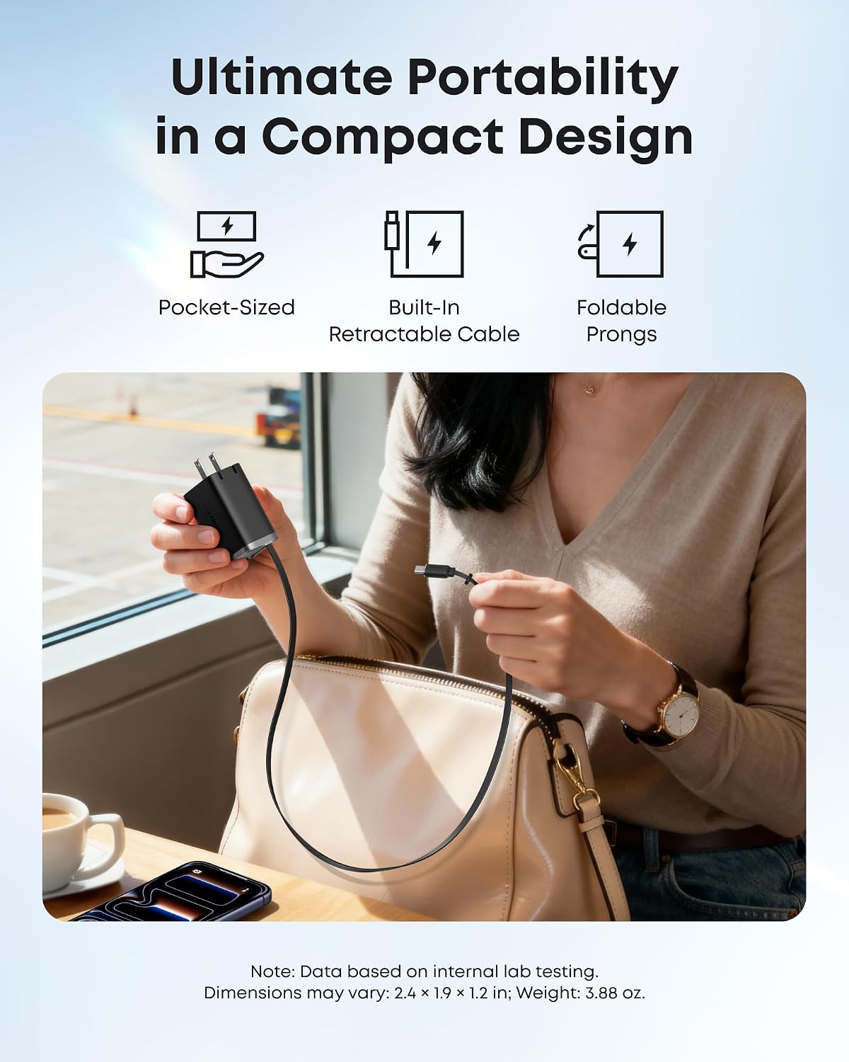 Anker Nano Retractable USB C Charger Block, Compact 35W Phone Charger | 2-Port Charger with Durable Built-in Anker InstaCord Retractable Cable, for iPhone 17/16/15, iPad(Black,Non-Battery)