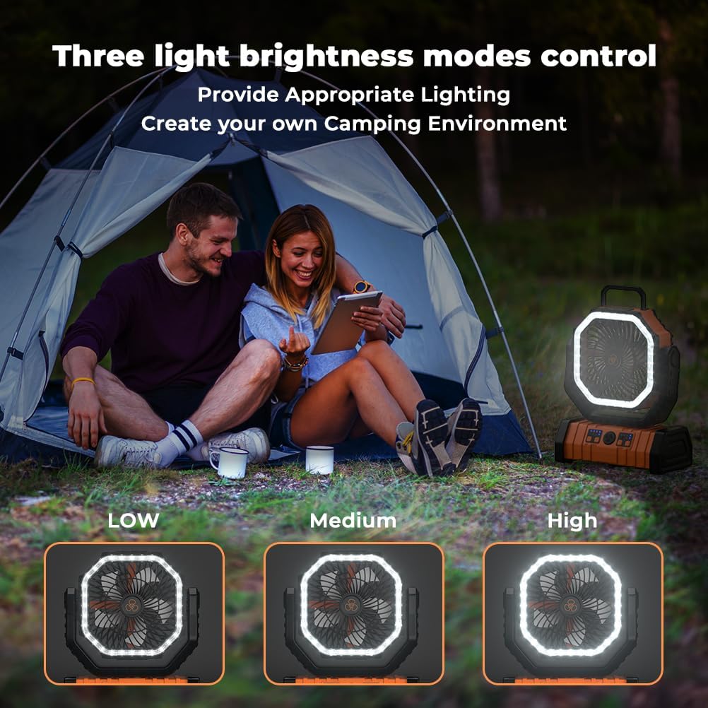 Camping Fan - 20000mAh Battery Powered Fan Rechargeable with LED Lantern - Portable Outdoor Tent Fans with Hanging Hook 4 Speeds Wind Remote Control, Black and Orange