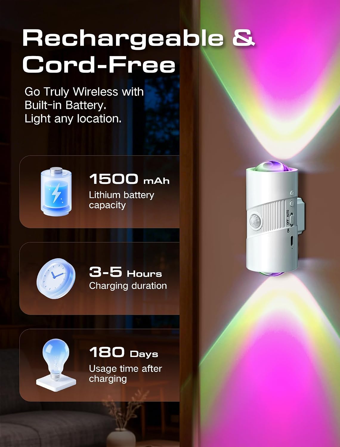 Rechargeable RGB Motion Sensor Night Light, Color Changing LED Wall Lamp with Stick-on Magnet, 4-Level Adjustable Brightness, Nightlights for Bedroom, Bathroom, Hallway, Stairs, Closet, 2-Pack