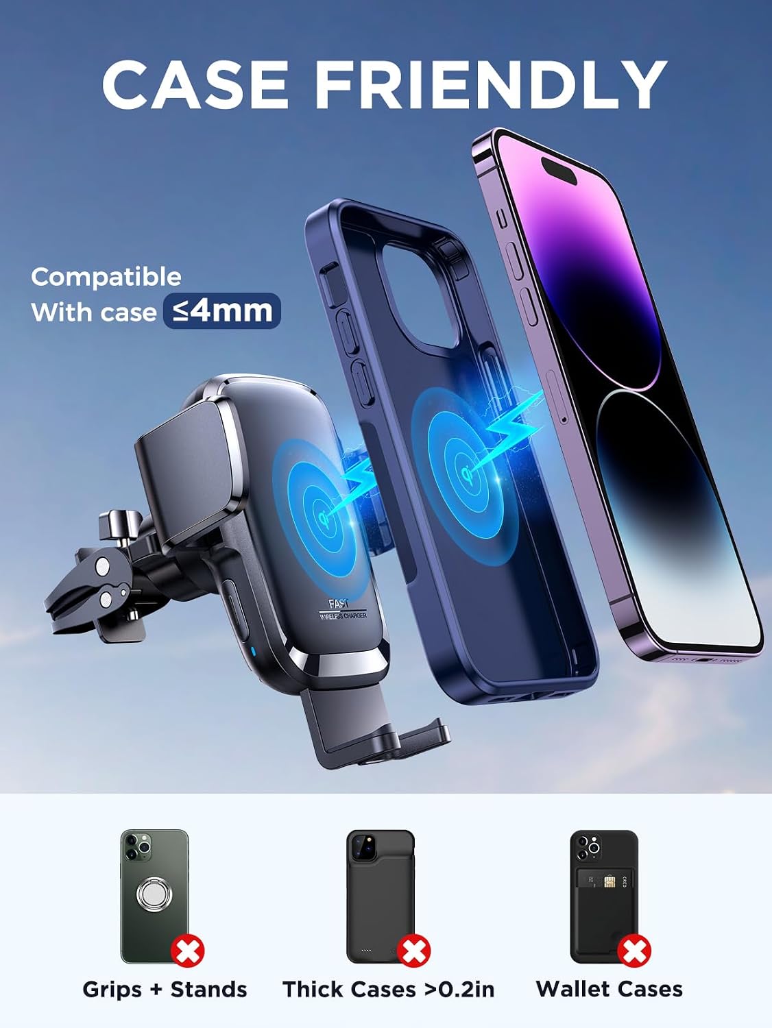 JOYROOM Wireless Car Charger, 15W Auto Clamping Car Phone Holder Charger | Secure Hold, Fast & Stable Charging, Qi-Certified, Adjustable Vent Clip, Quick-Release Button, Smart Power Off, Case Friendly