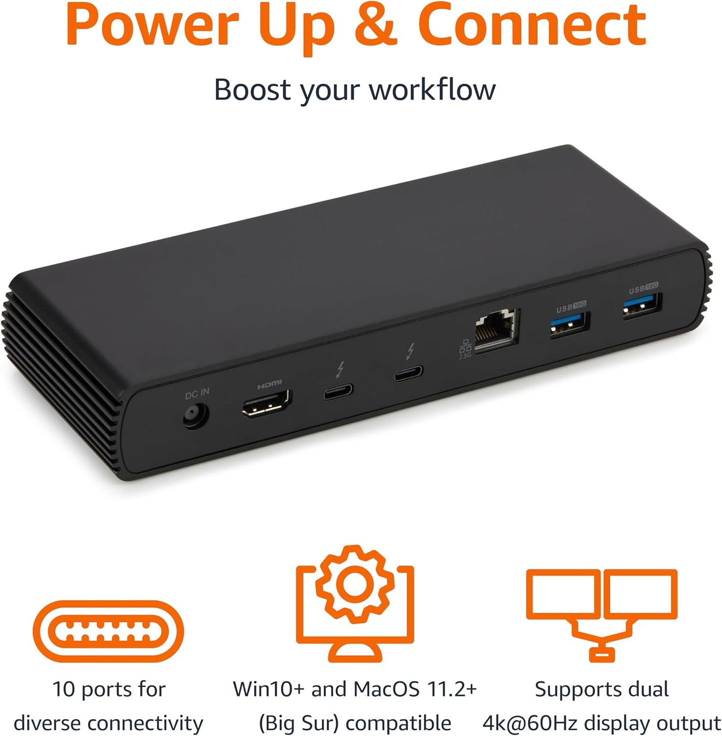 Amazon Basics Thunderbolt 4 Pro Docking Station, Dual 4K Monitor Support, 8K Display, 2xTBT4, 1xHDMI2.1, 3xUSB A 3.1, RJ45 Ethernet, Black, 7.86 x 2.95 x 1.23 inches
