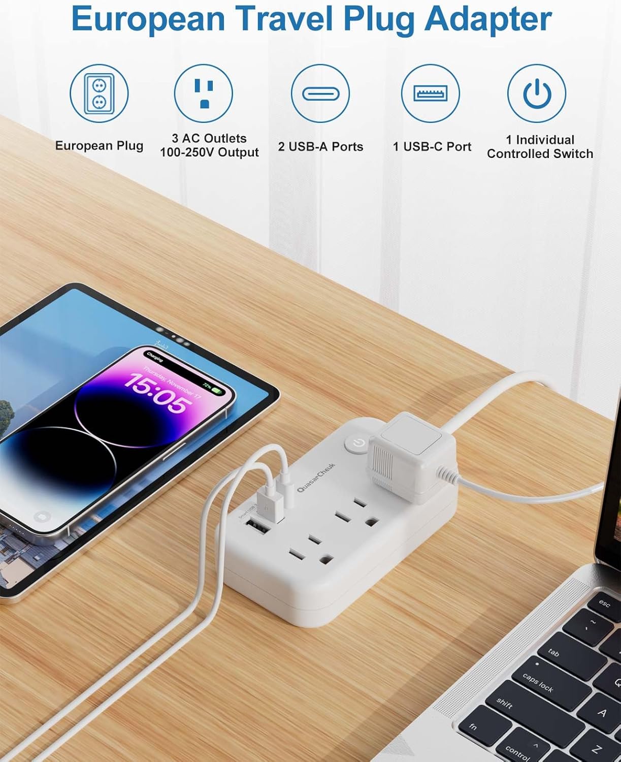 Type E/F Plug Adapter, European Plug Adapter, Germany France Travel Adapter | 3 USB, 3 Outlets, Portable, 4000W, USB-C(15W), 4FT, Schuko Plug for US to Europe EU Spain Iceland Korea Greece Norway Russia