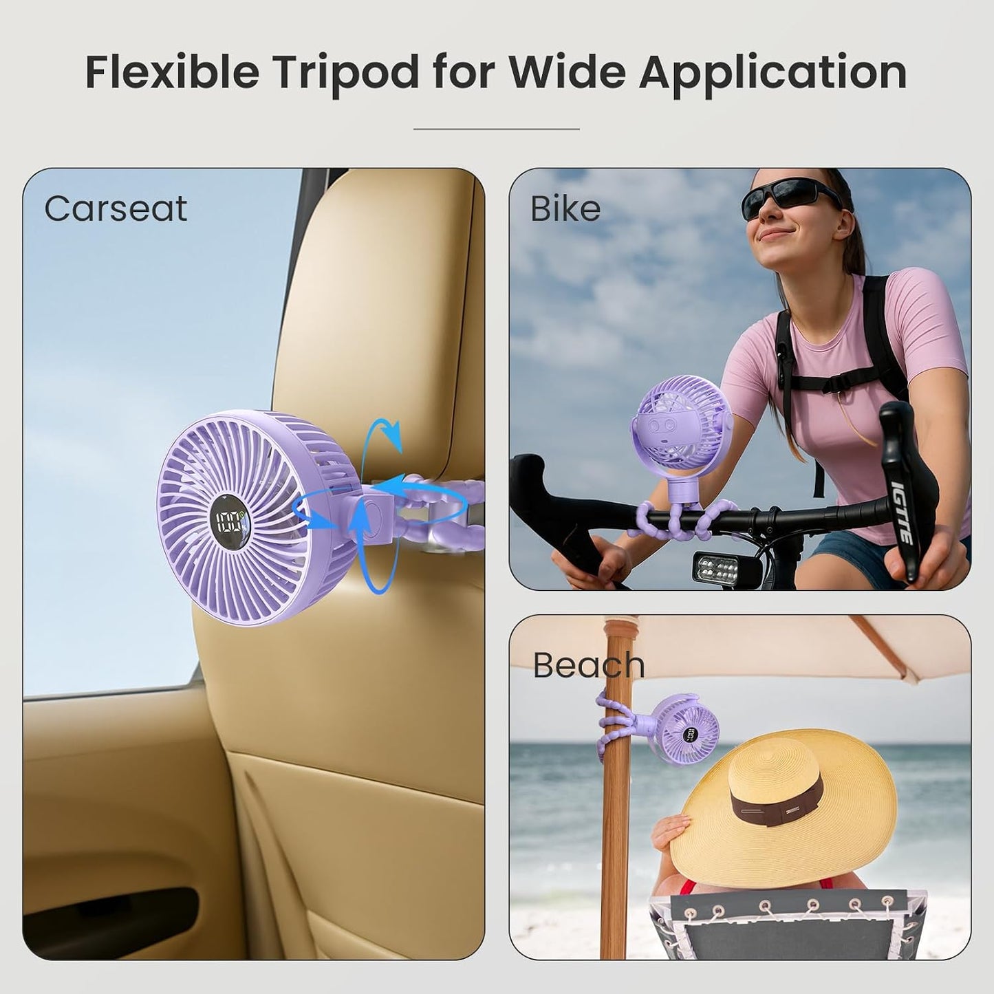 Coohea Portable Stroller Fan, 25H Long-lasting, 4 Speed, Night Light,Purple | 4000mAh Rechargeable Battery Powered Fan, Head Detachable 360° Rotate Mini Fan, Easy to Wrap for Car Seat Crib Bike Treadmill