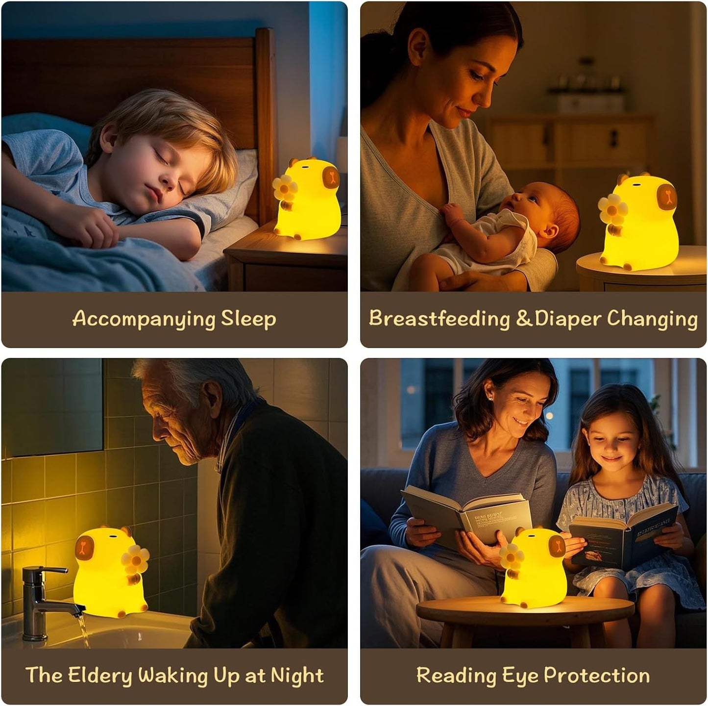 Capybara Night Light, 7-Color RGB, 3-Level Dimmable, Rechargeable | Cute Silicone Capybara Night Light, 7-Color RGB, 3-Level Dimmable, Touch Lamp, Rechargeable, 30-Min Timer, Gift for Kids