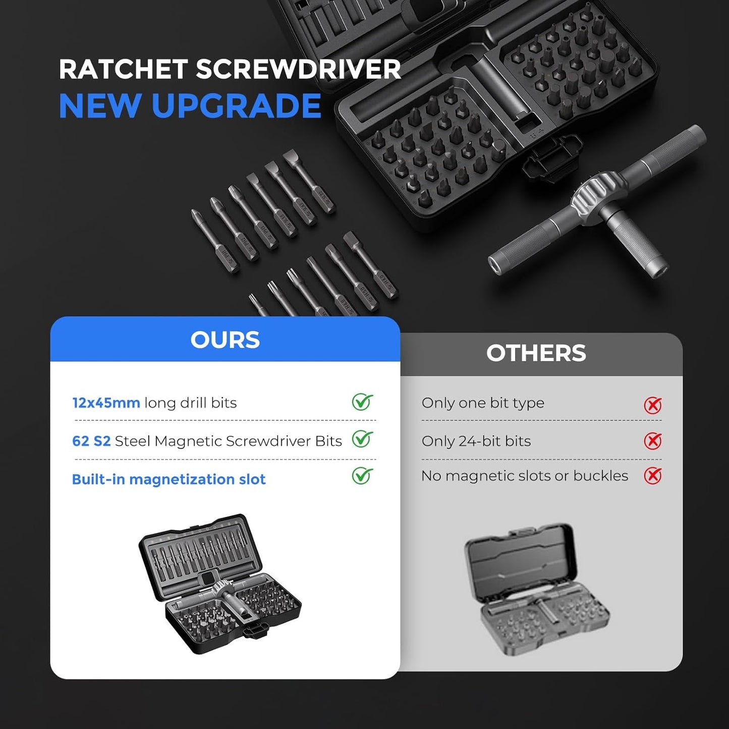 64 IN 1 Magnetic Ratchet Screwdriver Set, T Handle Ratchet Screwdriver Kits with S2 Steel Bits for Home Daily Repair, Precision Electrical Appliance Repair, for Men Husband