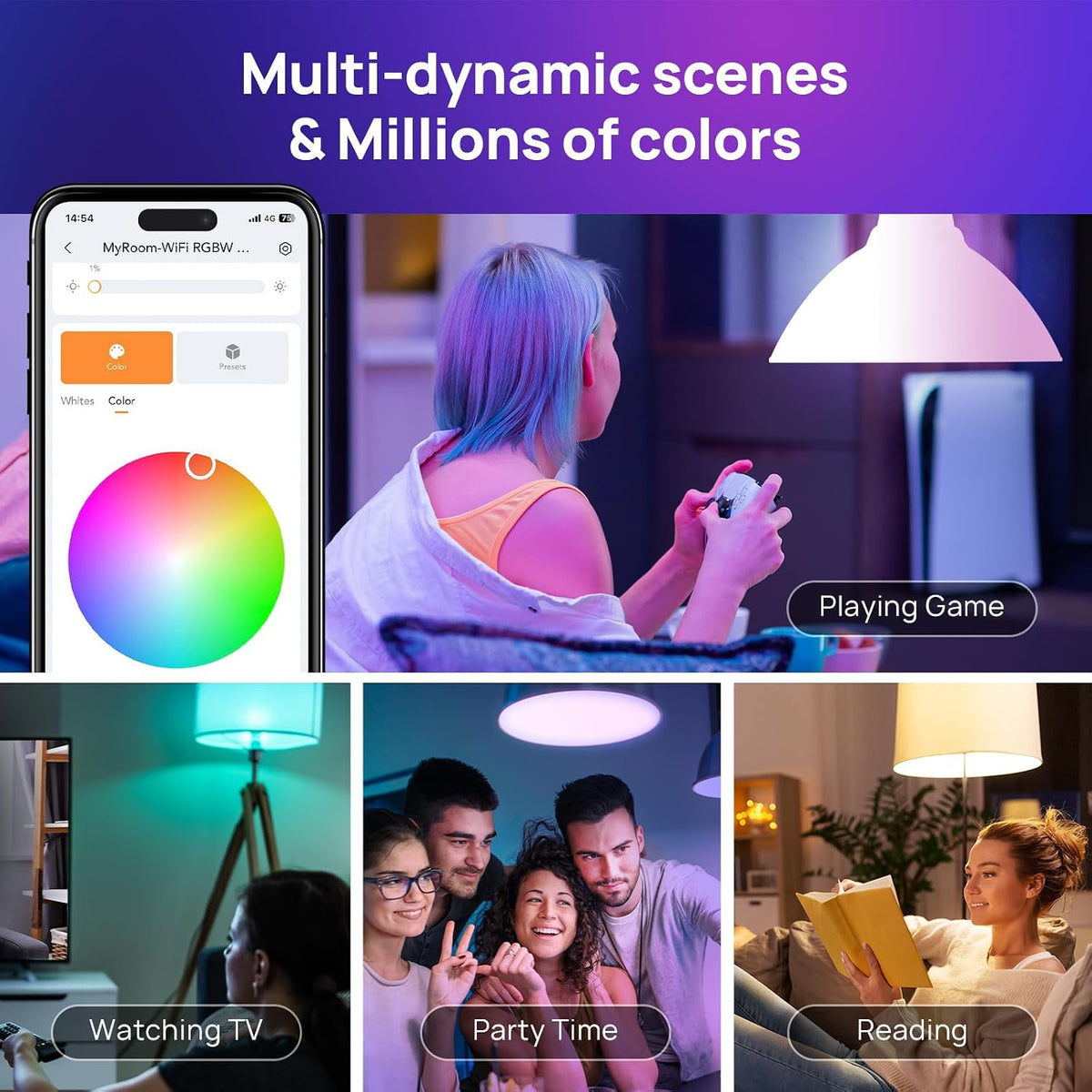 Consciot Smart Light Bulbs, WiFi Bluetooth Color Changing LED Light Bulb, Music Sync, 60W Equivalent Smart Bulb, A19 E26 RGBTW Light Bulbs That Works with Alexa/Google Home/Apple Home/Siri, 3 Pack