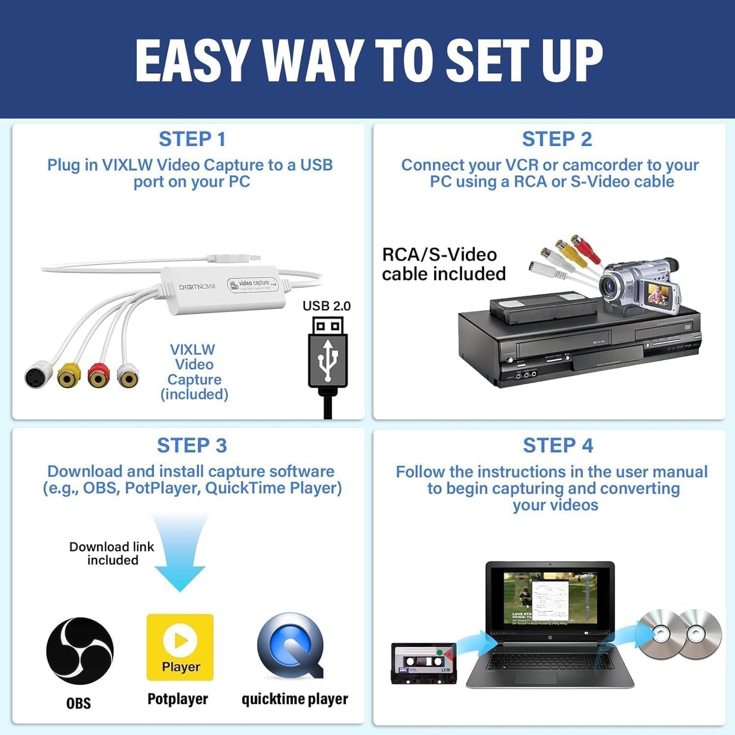 VHS TO Digital Converter, USB Video Capture Card, Video Capture Device, RCA TO USB Converter,Convert VHS VCR Hi8 Mini DV to Digital/DVD,For Tape Player Camcorder Camera PC TV,Windows Mac OS Compatible