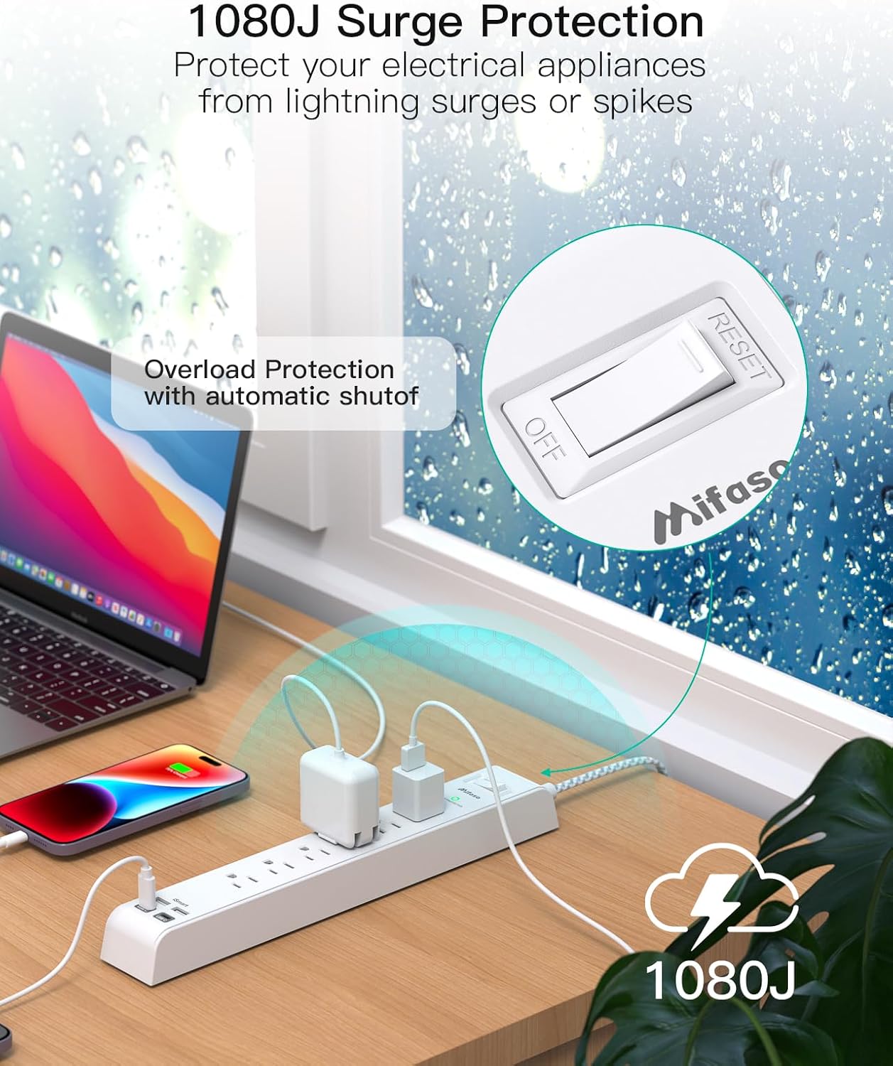 Mifaso 2 Pack Power Strip, 12FT Long Extension Cord, 1080J Surge Protector | 6 AC & 4 USB (2 USB C), Flat Plug Overload Protection, Heavy Duty, Wall Mount Charging Station for Home, Office, Dorm College