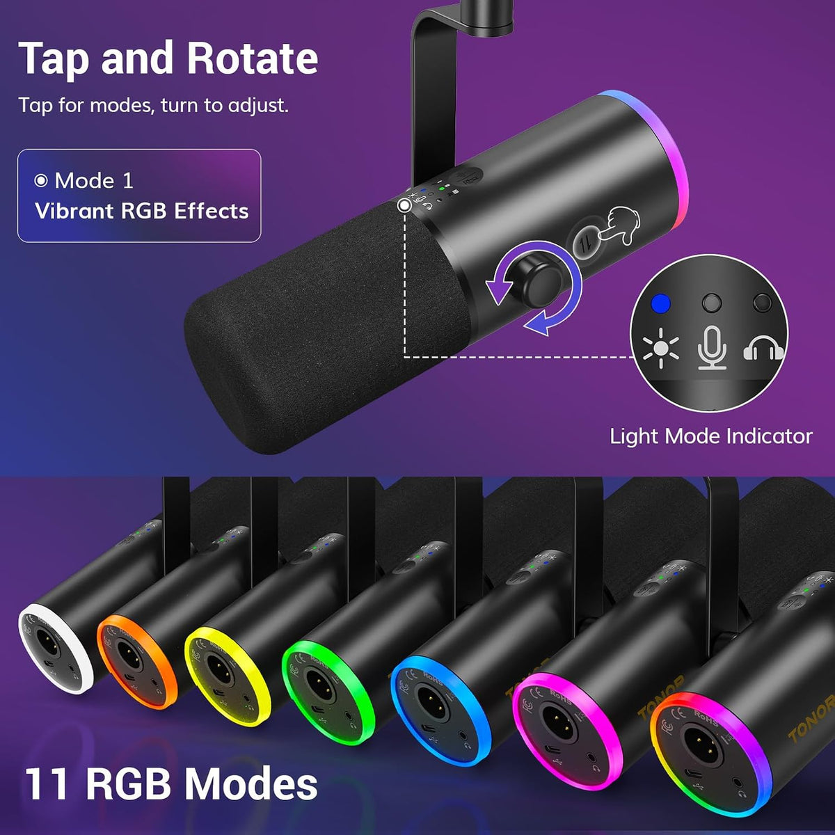 TONOR Dynamic Gaming Microphone XLR/USB Mic with AI Noise Cancellation | Boom Arm Set, RGB, Tap Mute, 3.5mm Jack, Gain Control, Microfono for Content Creators, Black, TD510 AIR S H+