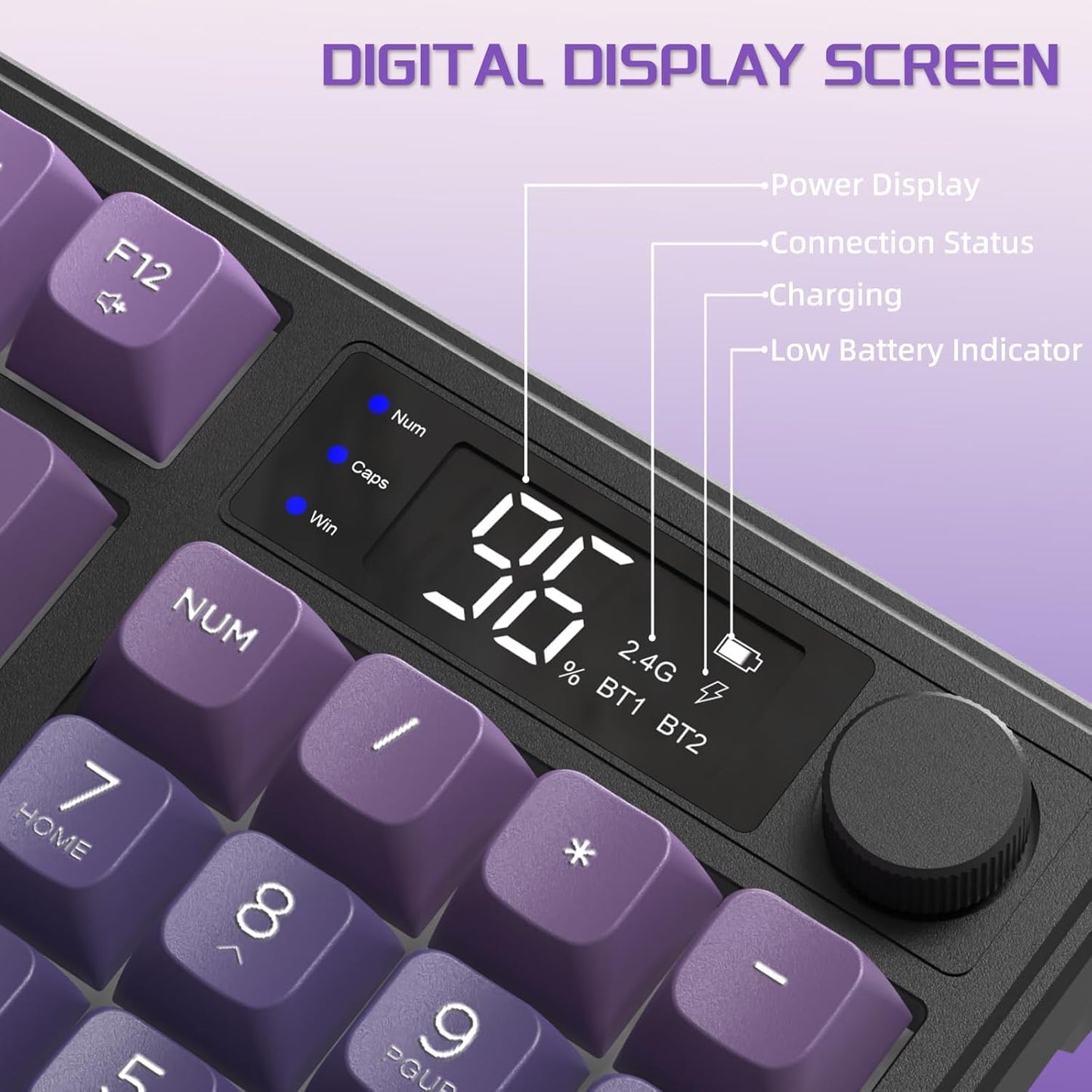 Free wolf M96 Wireless Gaming Keyboard Creamy Membrane 94Key ANSI-Purple | Rainbow Backlight,Media Knob,LCD Screen,Dual Mode-Bluetooth/2.4Ghz,Ball Shape PBT Keycap,3000mAh battery for Win Mac PC Gamer