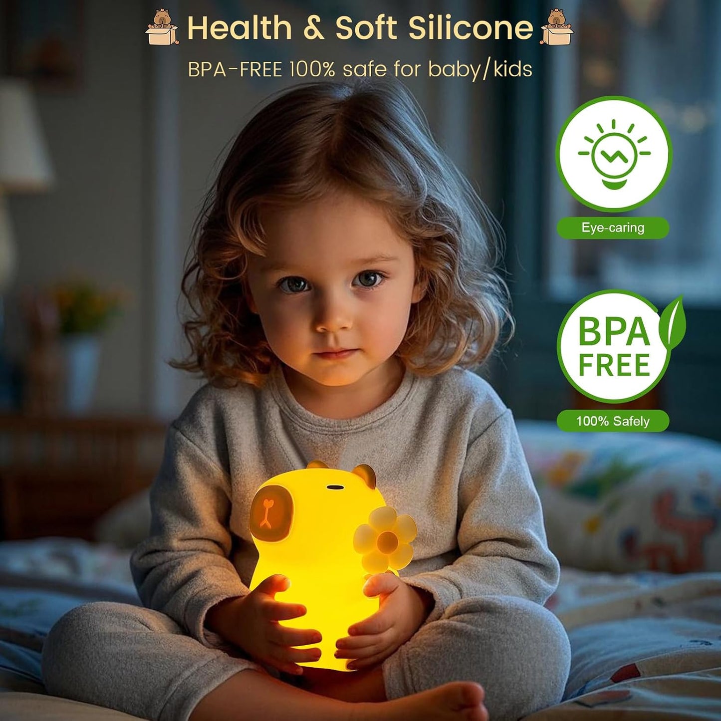 Capybara Night Light, 7-Color RGB, 3-Level Dimmable, Rechargeable | Cute Silicone Capybara Night Light, 7-Color RGB, 3-Level Dimmable, Touch Lamp, Rechargeable, 30-Min Timer, Gift for Kids