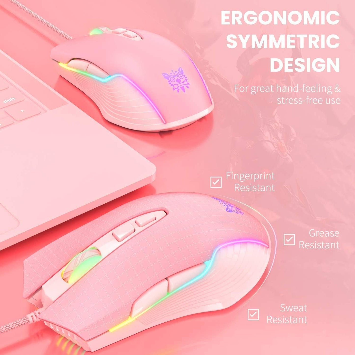 RGB Gaming Mouse Wired, 6400 DPI & 7 Buttons, Pink | USB optical mouse - 6 adjustable DPI levels & 7 programmable buttons, ergonomic design for laptop/Windows PC/Vista/Linux/Mac