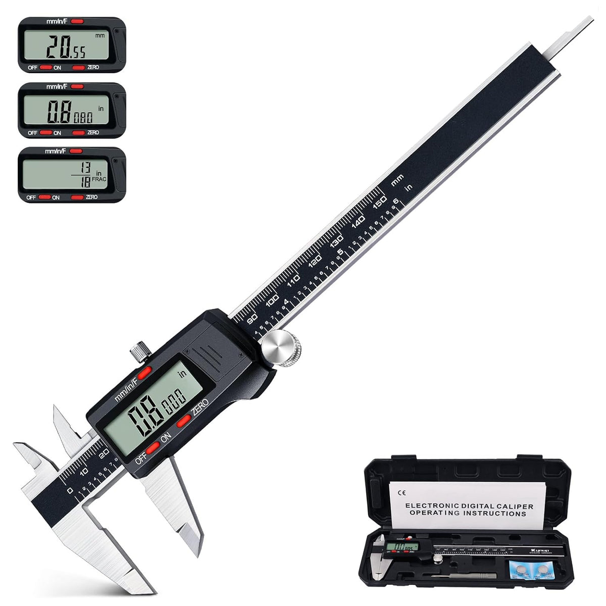 Kynup Digital Caliper, Caliper Measuring Tool, Micrometer Dial Caliper | 6 Inch Vernier Caliper with Large LCD Screen, Stainless Steel, Auto-Off, Inch/Metric/Fraction Conversion, Precise DIY Tools