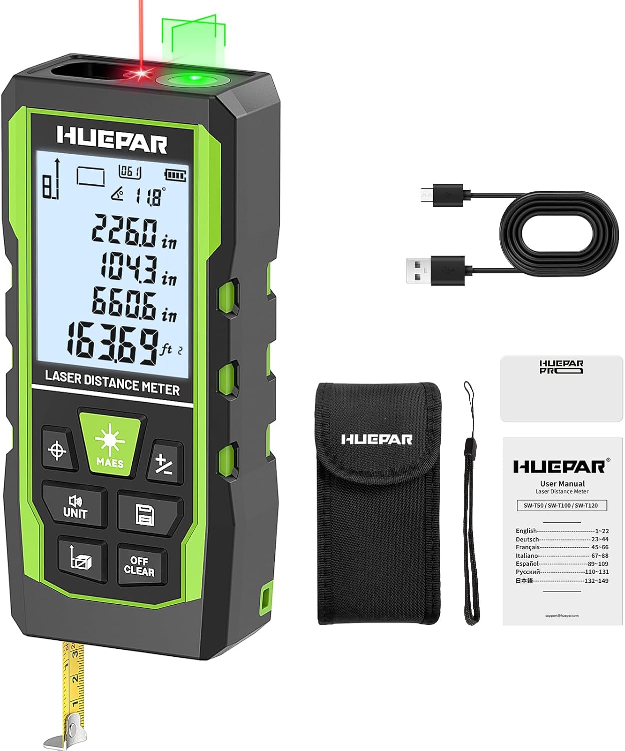 Laser Measuring Tool 3-in-1, Huepar 165 Ft Laser Measure & 33 Ft Green Cross Line Laser Level & 6.5 Ft Tape Measure, Rechargeable, Voice Broadcast, Multi-Mode, Rugged for Construction&Home Use, SW-T50