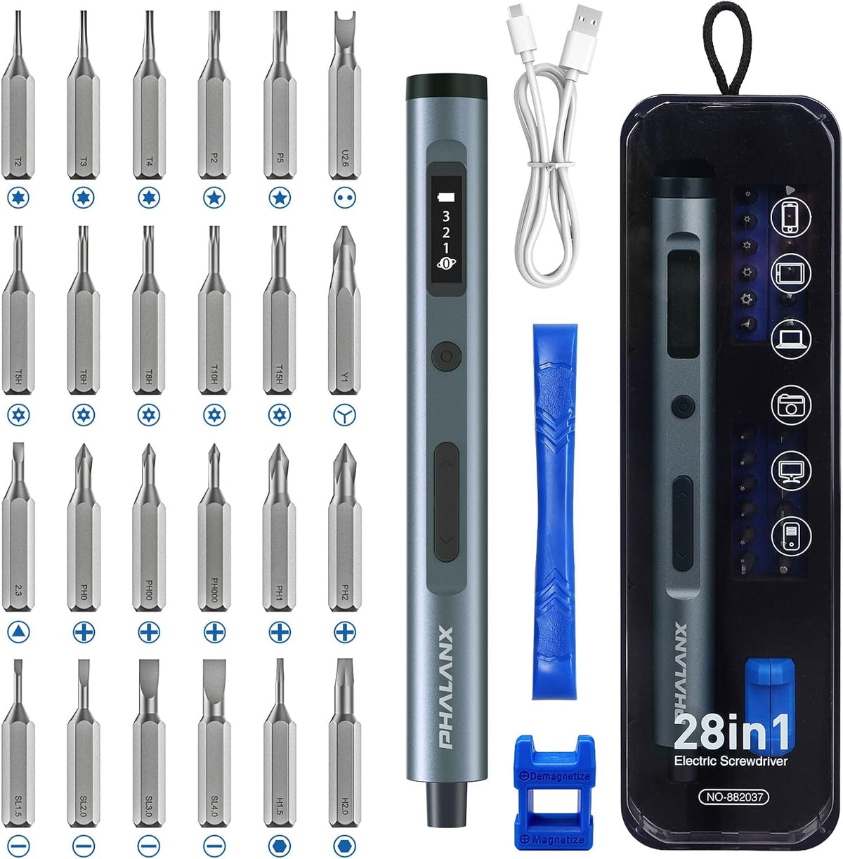 28-in-1 Electric Precision Screwdriver Repair Kit, Cordless, Grey | Type-C Rechargeable Power Tool, S2 Steel Bits, for Phone PC Electronics