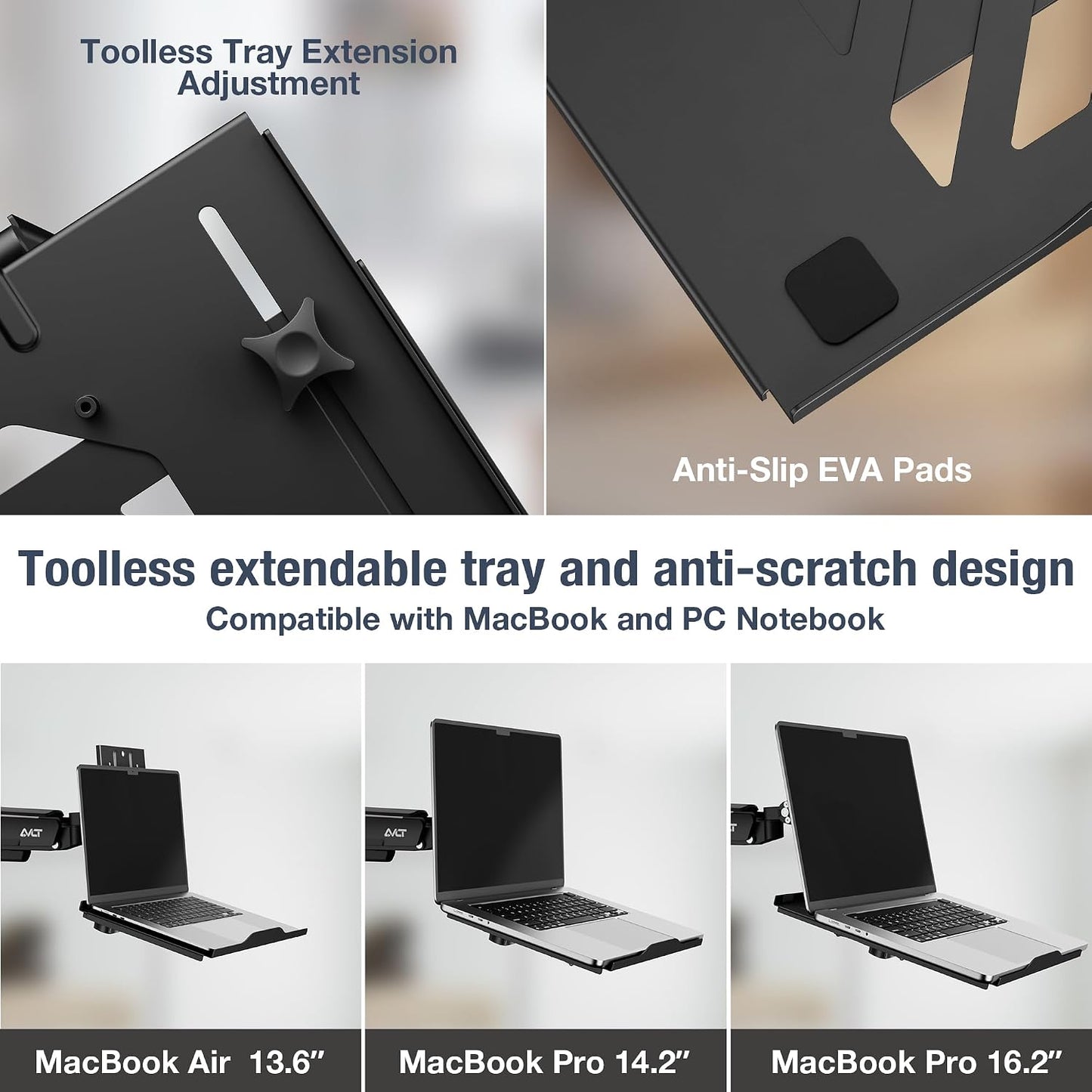 AVLT Adjustable Laptop Tray with Support for Fans Black (Fan Not Included) | Compatible with VESA 75x75 Monitor Arm - Suitable for Laptops Up to 17Inch - Weighs 4.41lbs for 120mm Fan