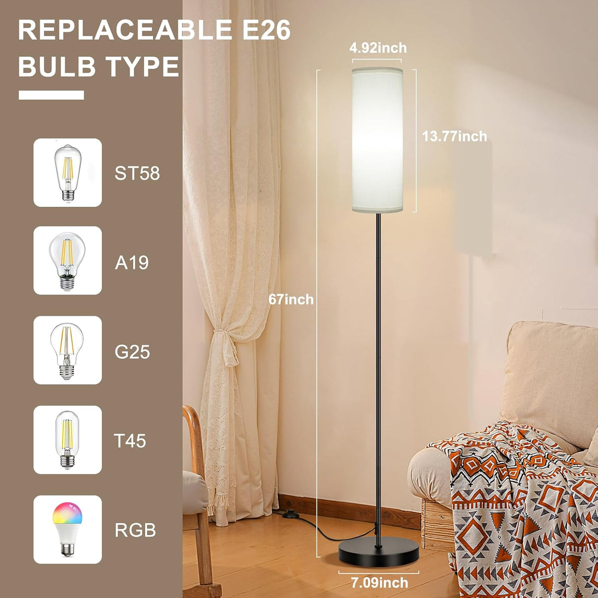 FRIDEKO HOME 2 Pack Floor Lamps for Living Room, 9W 800LM Bulbs White Shade