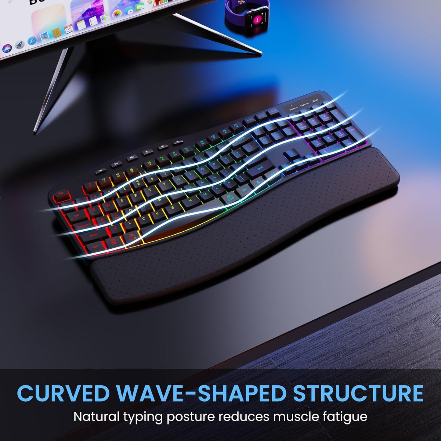 COLIKES Wireless Ergonomic Keyboard, Backlit Keyboard Silent with 15 RGB Lighting Effects, Leather Wrist Rest, 2500mAh Rechargeable, Multimedia Keys, Wave Keyboard for PC Computer Laptop Windows Mac