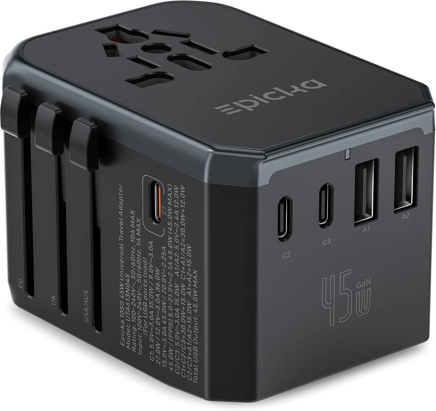 EPICKA 45W Universal Travel Adapter PD&QC, 1AC/4USB-C/1USB-A | Travel Plug Adapter for EU/US/UK/AUS, Fast Charging for Multi-Device, Not A Voltage Converter, TA-105S, Black