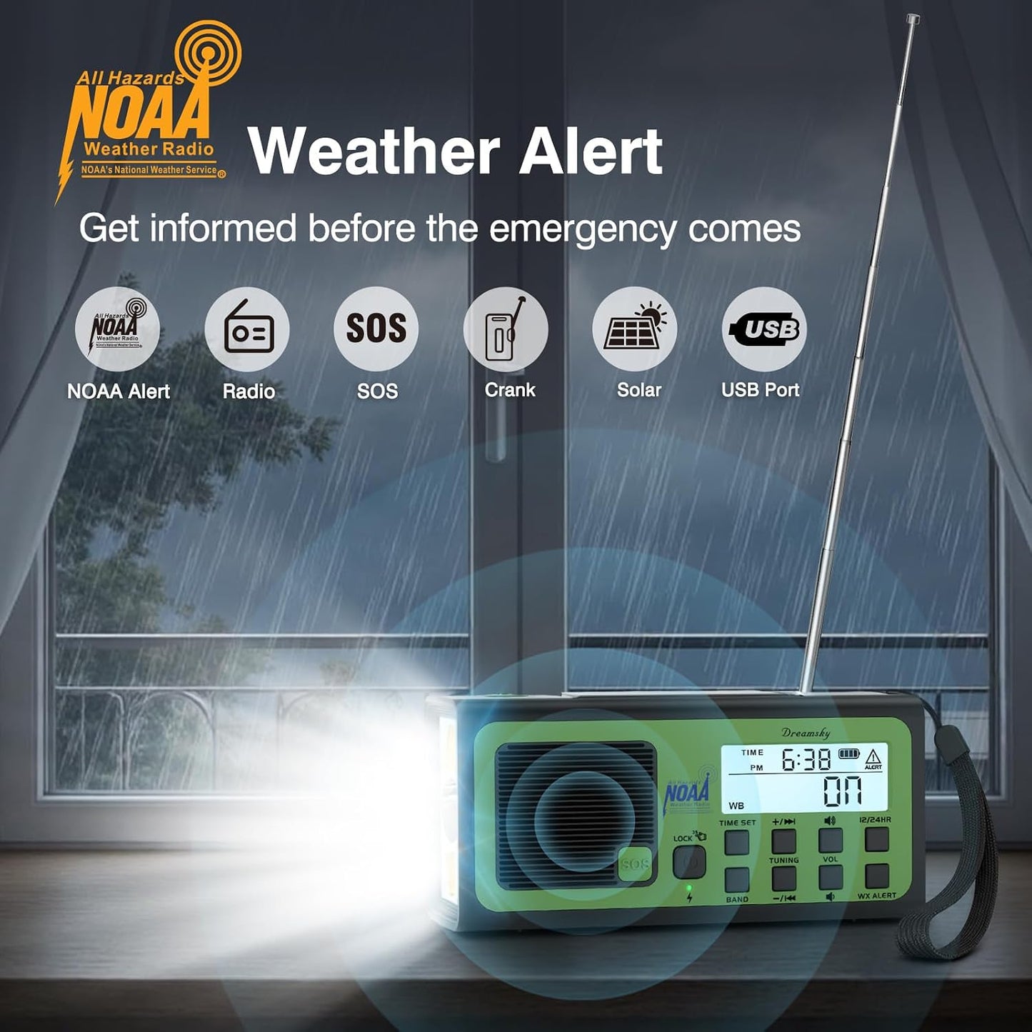 DreamSky Hand Crank Emergency Weather Radio NOAA Alert with Solar Powered | Portable Radio AM FM SW, 18500mWh Rechargeable Battery Operated, Loud SOS Alarm, Flashlight & Reading Lamp, USB Port