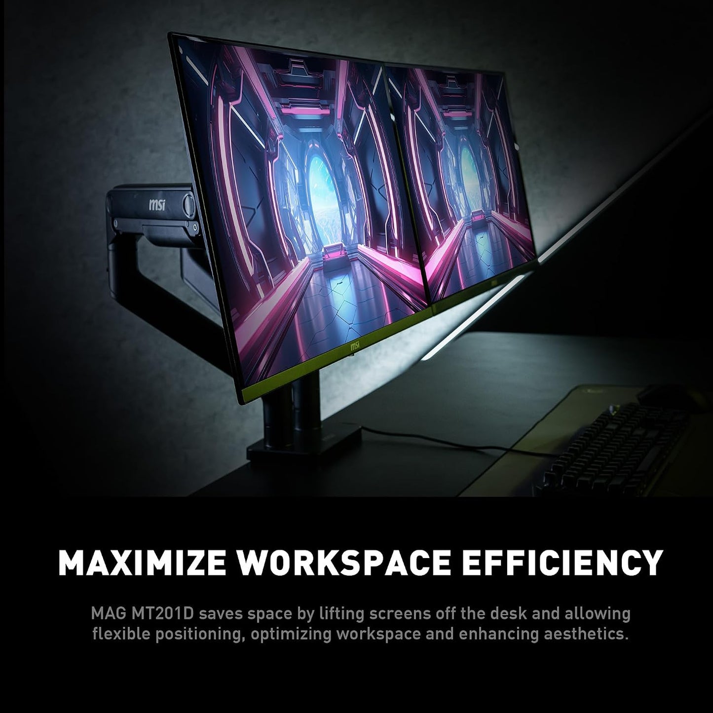 MSI MAG MT201 - Premium Heavy Duty Single Monitor Stand Arm, Supports 17-49" Screens and 44 lbs, VESA Compatible, Adjustable Spring Assisted Mount, Clamp & Grommet, Quick Release Plate - Black