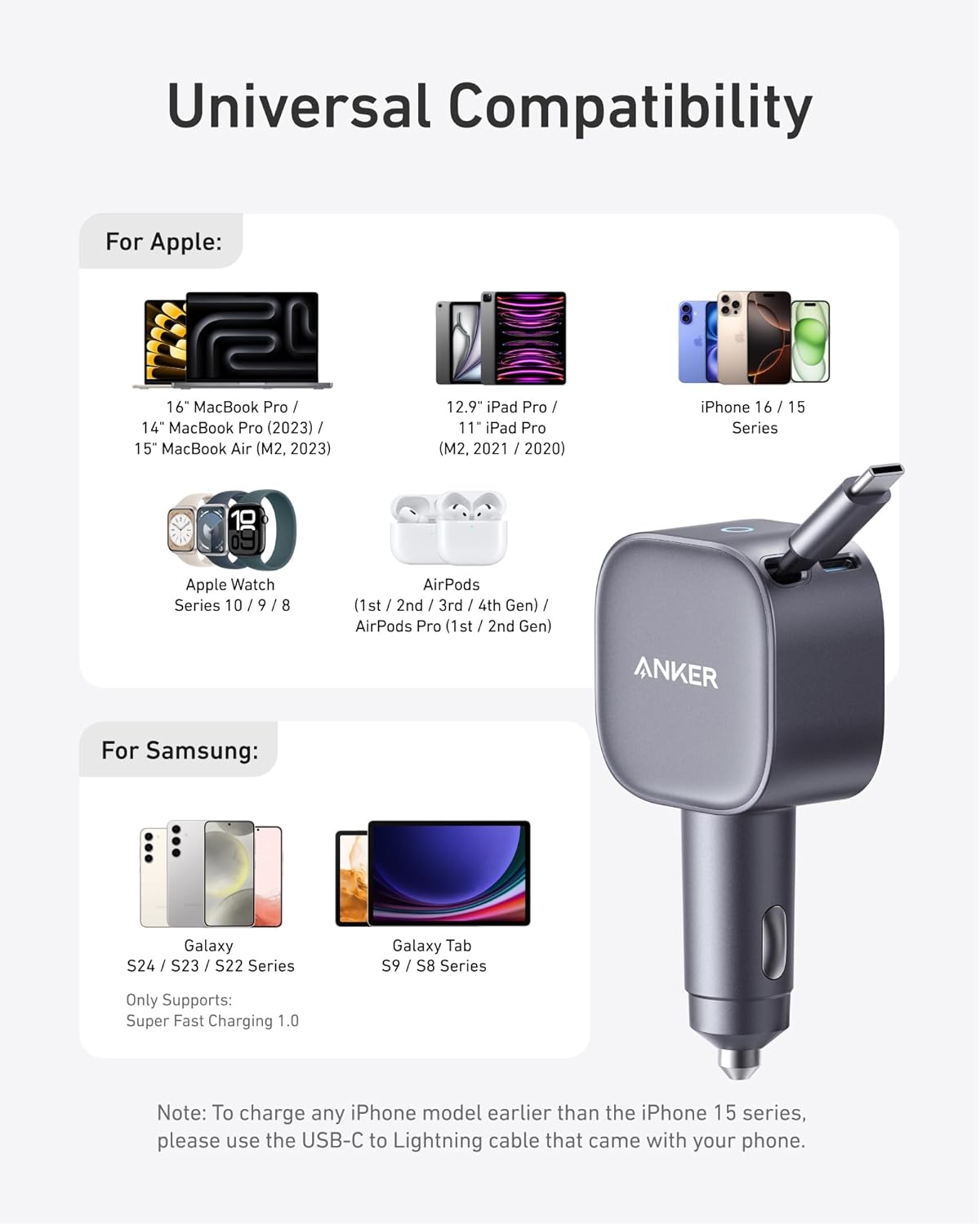 Anker 75W Fast Charging USB C Car Charger with Retractable Built-in Cable | Fast Power Adapter, Car Accessories for iPhone 17 / 16 Series, Galaxy S25 / S24, MacBook Pro / Air, iPad, and More