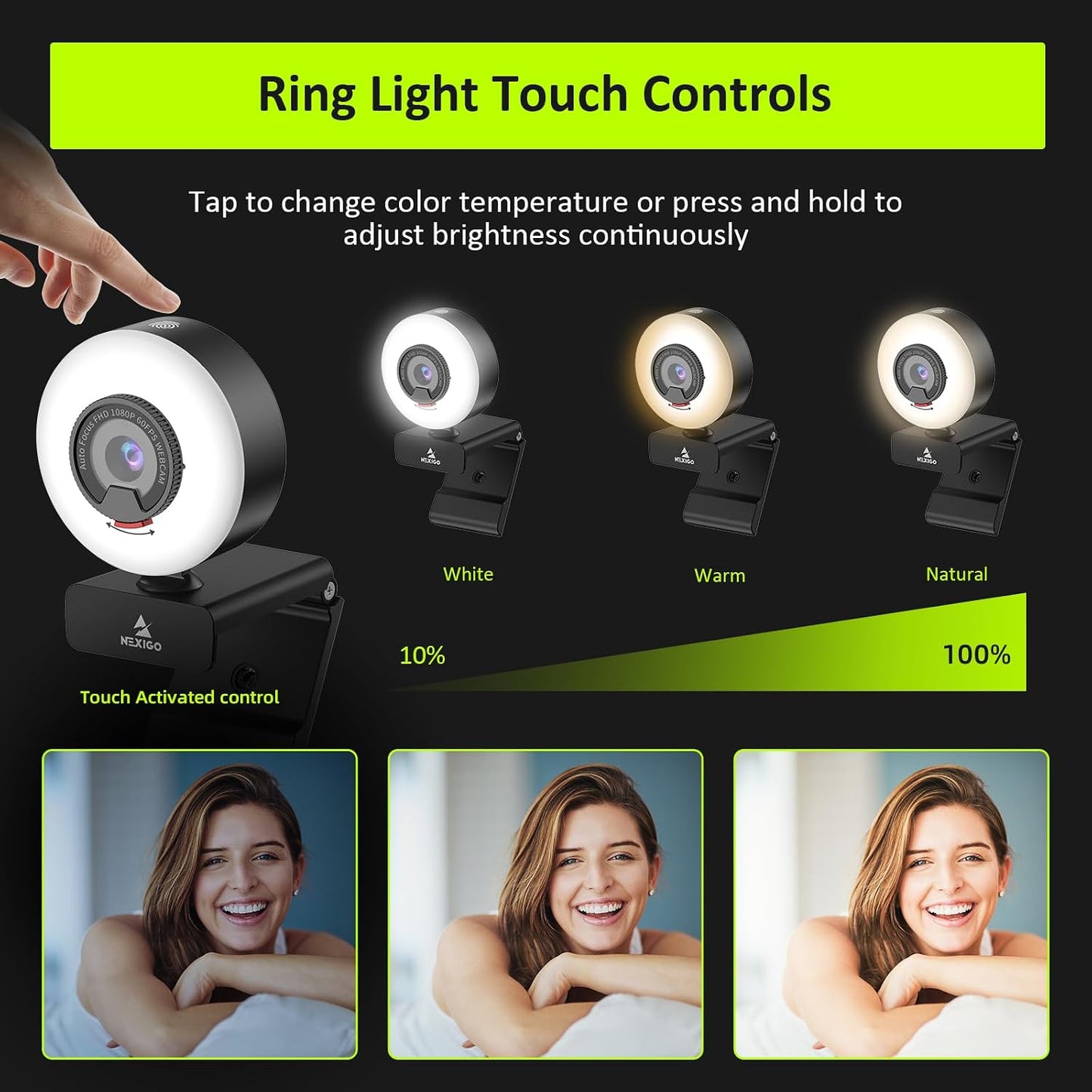 NexiGo N960E 1080P 60FPS Webcam with Light, Software Included, Fast AutoFocus, Built-in Privacy Cover, USB Web Camera, Dual Stereo Microphone, for Zoom Meeting Skype Teams Twitch