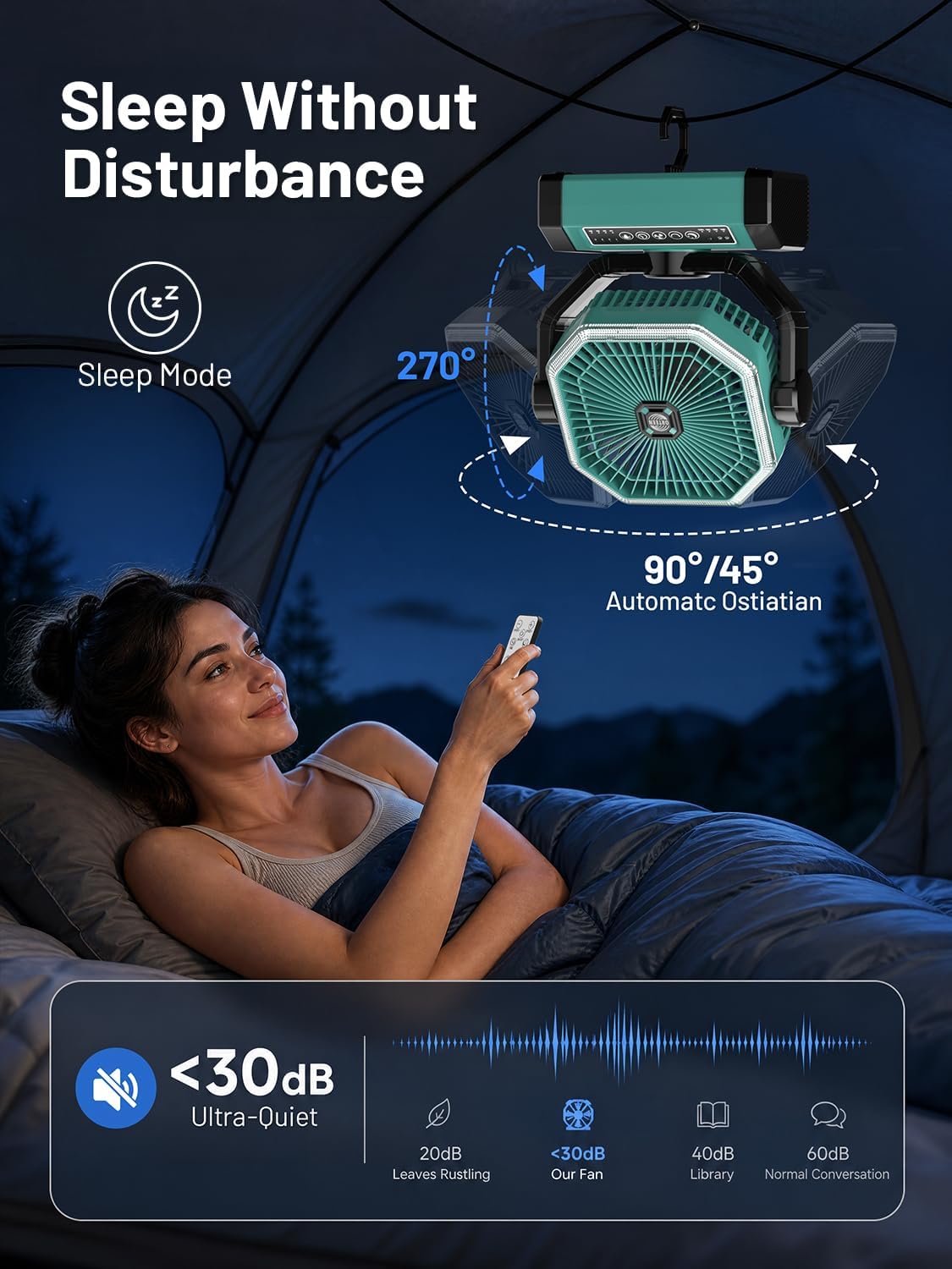 Portable Rechargeable Fan - 9-Inch Camping Fan for Tent, 24000mAh(60Hrs) Battery Operated Fan for Camping, Auto Oscillation Cordless Fans, Tent Fan with Remote/Light, 4 Speeds, 4 Timing, Outdoor