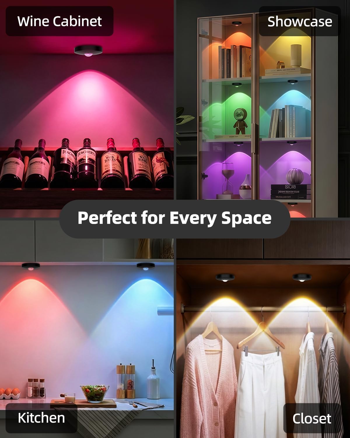 Rechargeable RGB Puck Lights with Remote Control, 1500mAh Battery Operated Push Lights, Dimmable &amp; Timer Under Cabinet Lighting for Closet, Bedroom, Kitchen Black 6Pcs