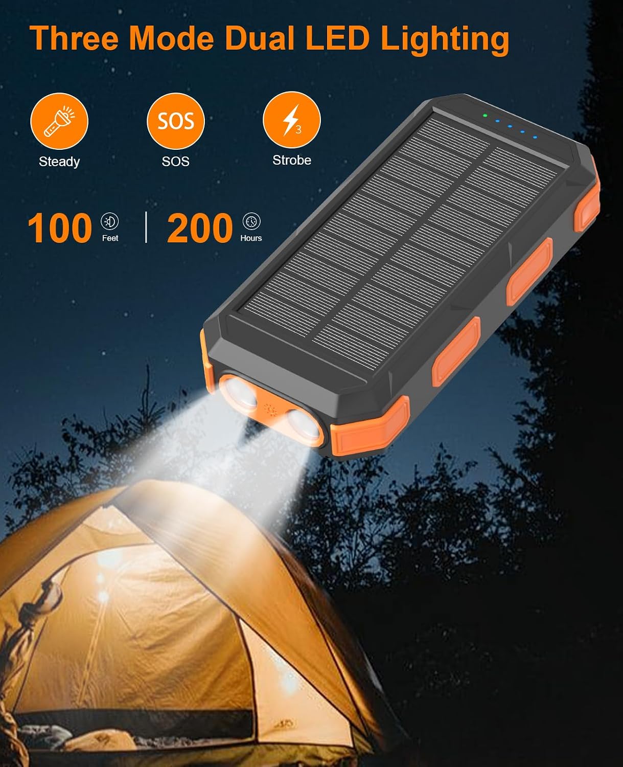 Solar Charger Power Bank 38800mAh, 22.5W USB-C Fast Charging Portable Charger with 4 Built-in Cables, External Battery Pack with Dual LED Emergency Flashlights for Camping, Hiking, Outdoor Use