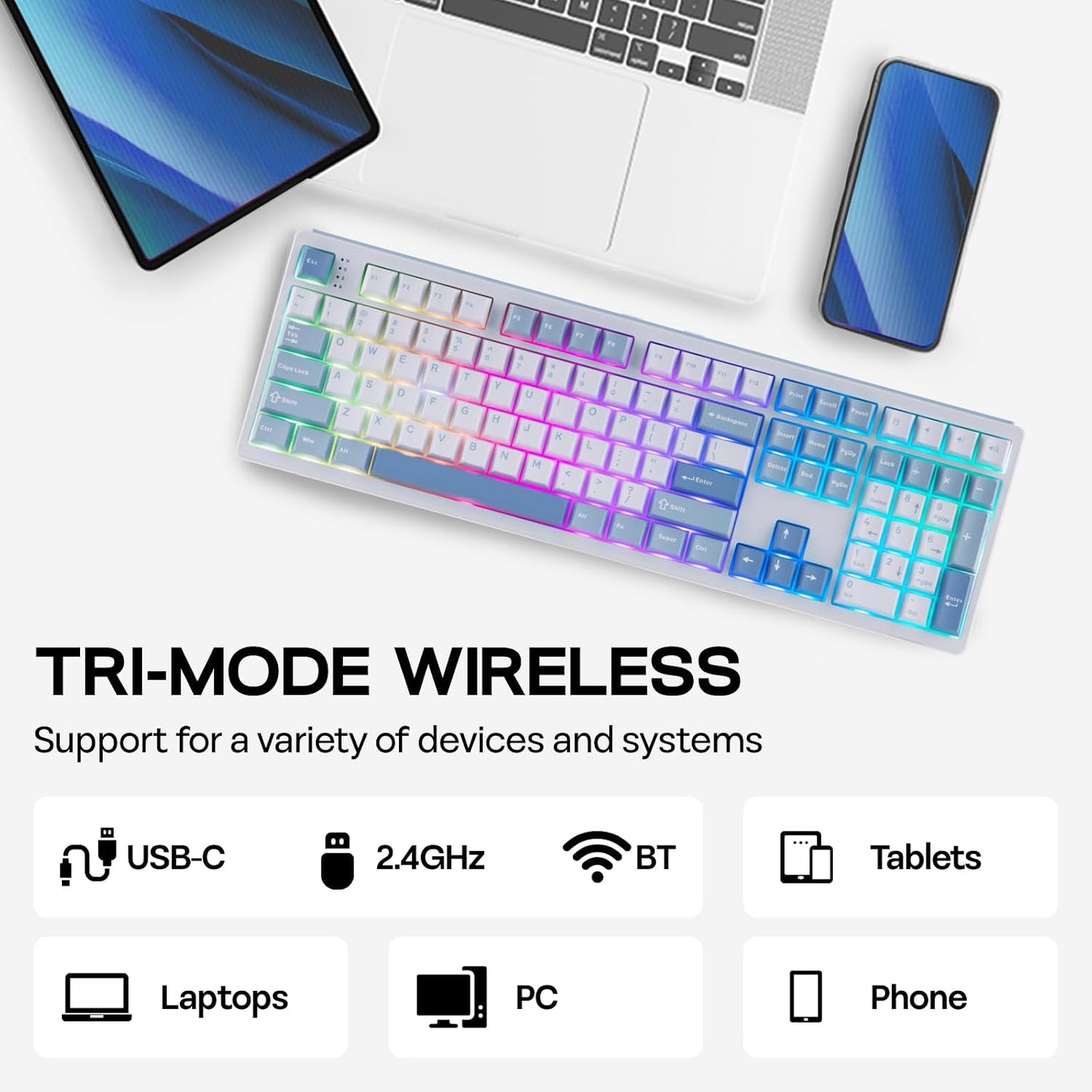 EPOMAKER TH108 Full Size Mechanical Keyboard, Wireless Gaming Keyboard with 8000mAh Battery, Creamy Gasket, 108 Keys, Hot Swap, Custom Driver, RGB Backlight (Blue&White, Creamy Jade)