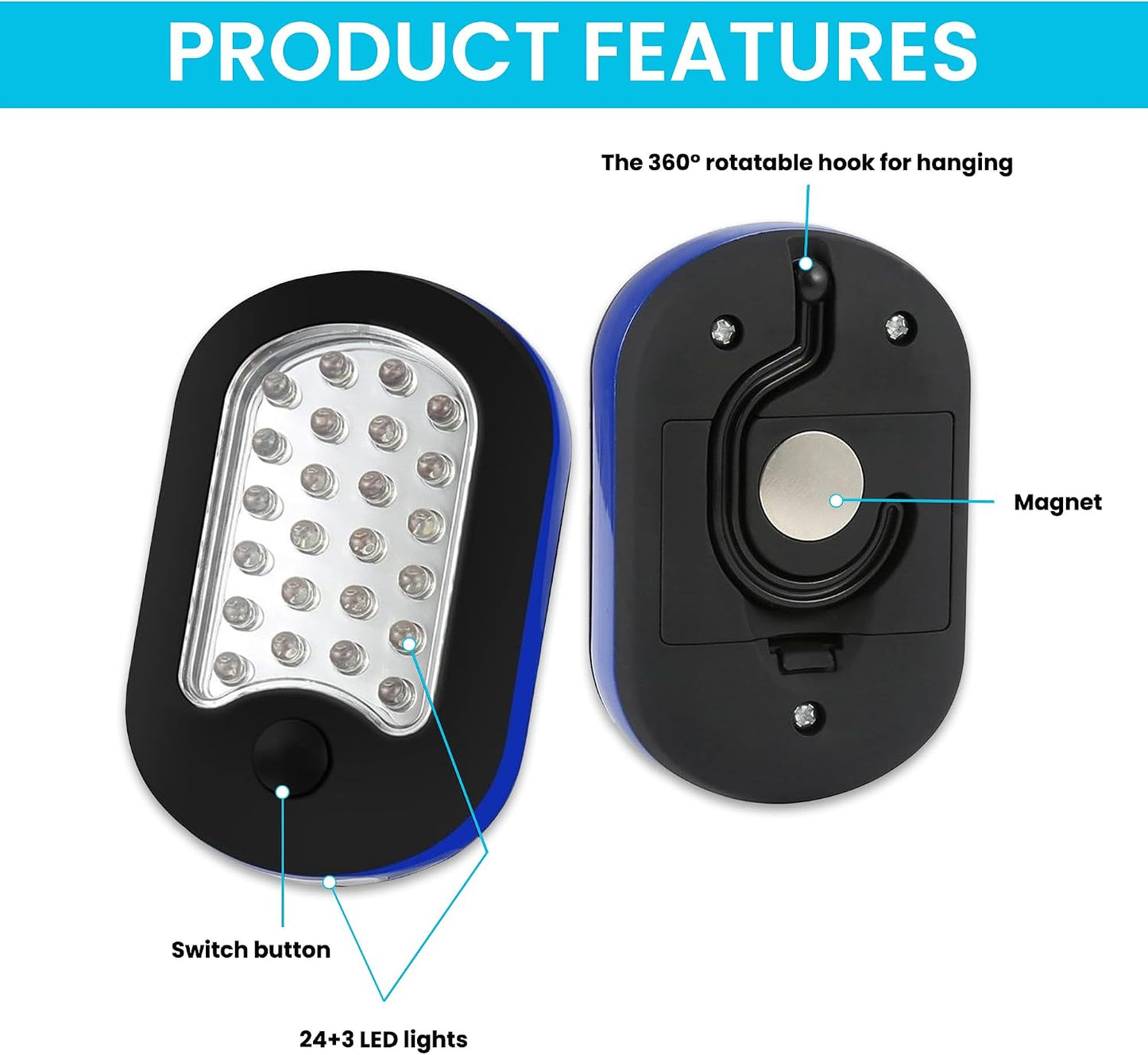 3-Pack LED Work Light | Portable Magnetic Work Light with Rotatable Hook, Magnetic Back & Push Button | Battery Operated Pocket Work Lights for Car Repairing, Emergency, Hiking, Camping